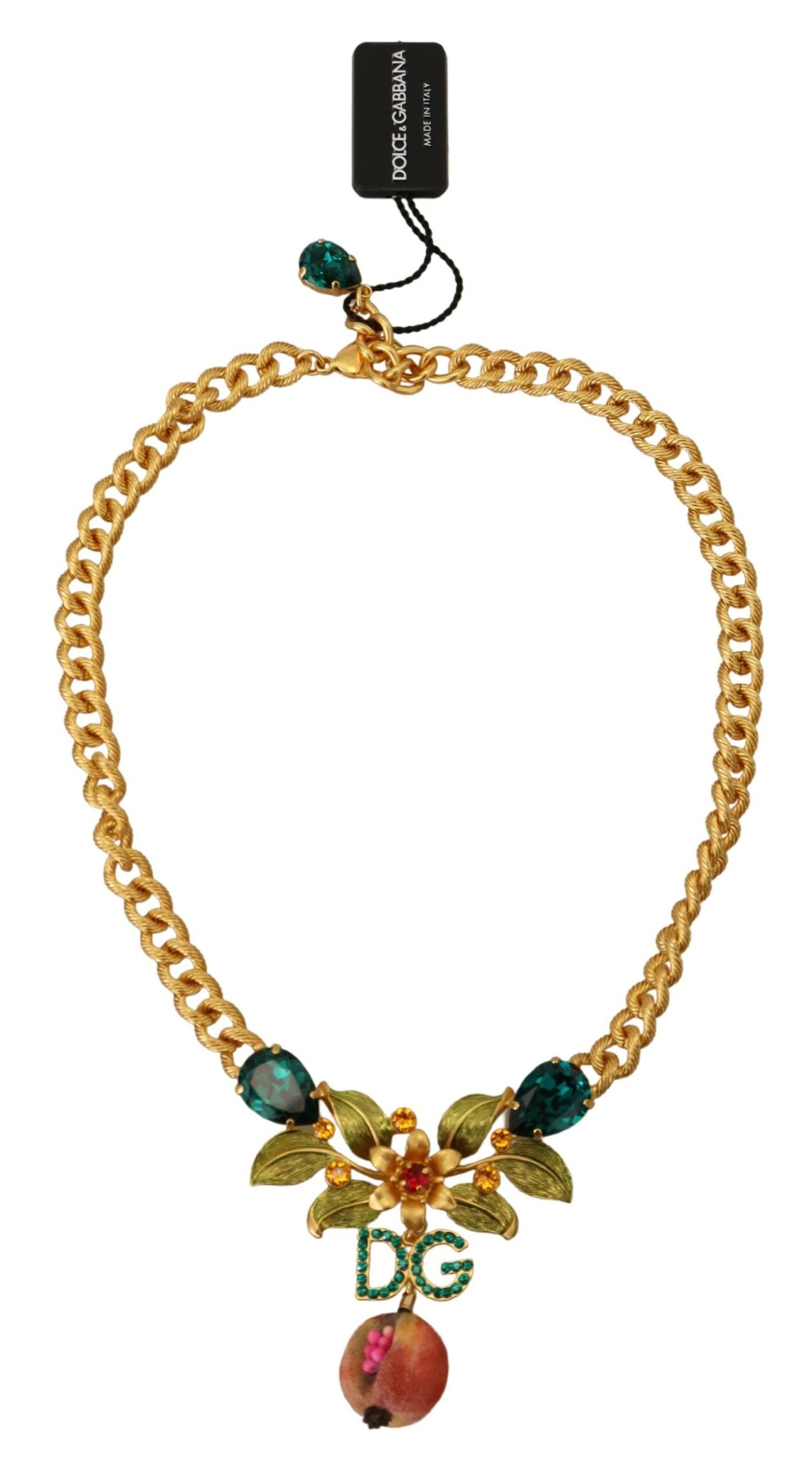 Collier Dolce &amp; Gabbana en laiton doré avec logo en cristal et motif floral fruité