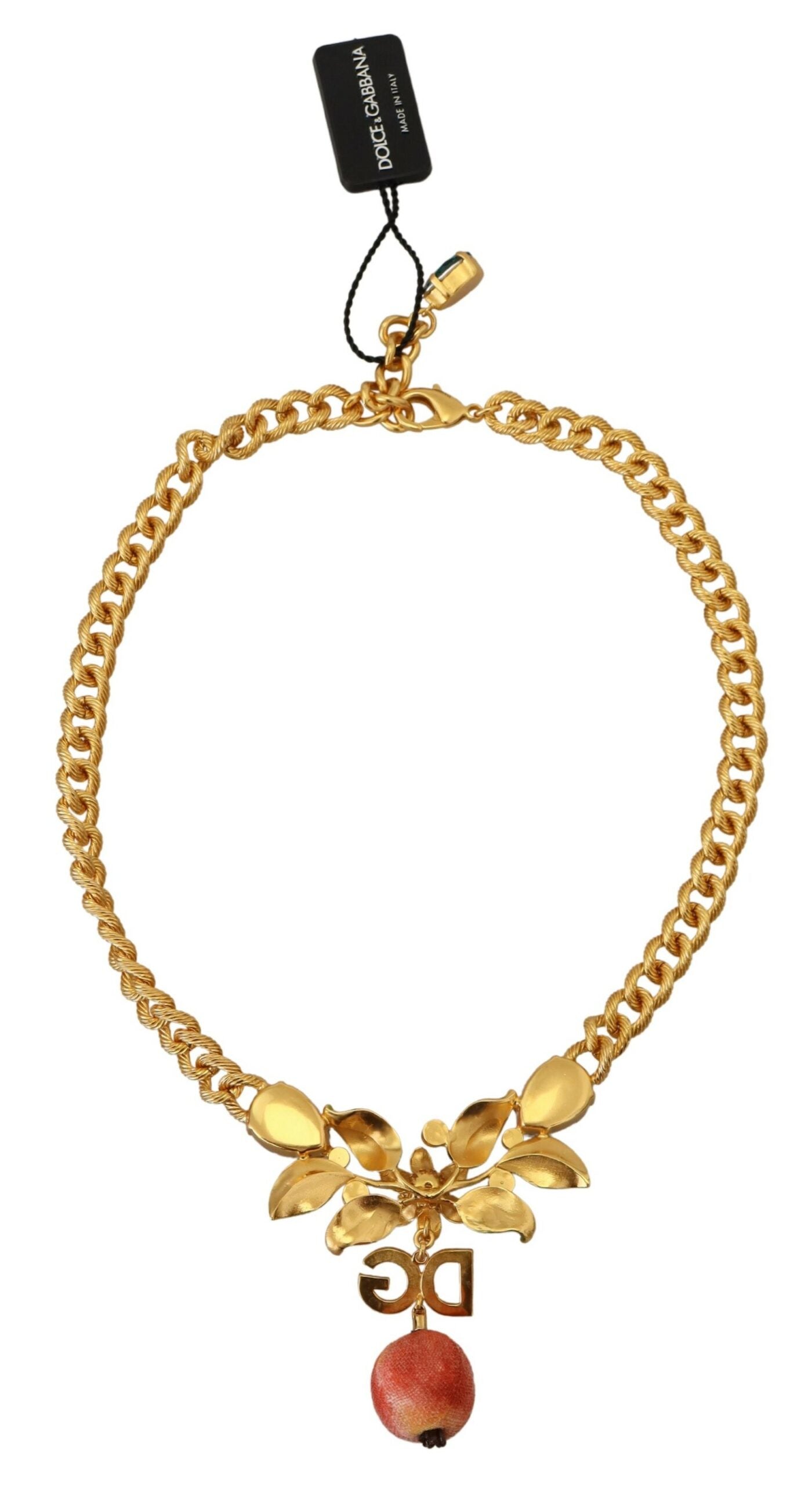 Collier Dolce &amp; Gabbana en laiton doré avec logo en cristal et motif floral fruité