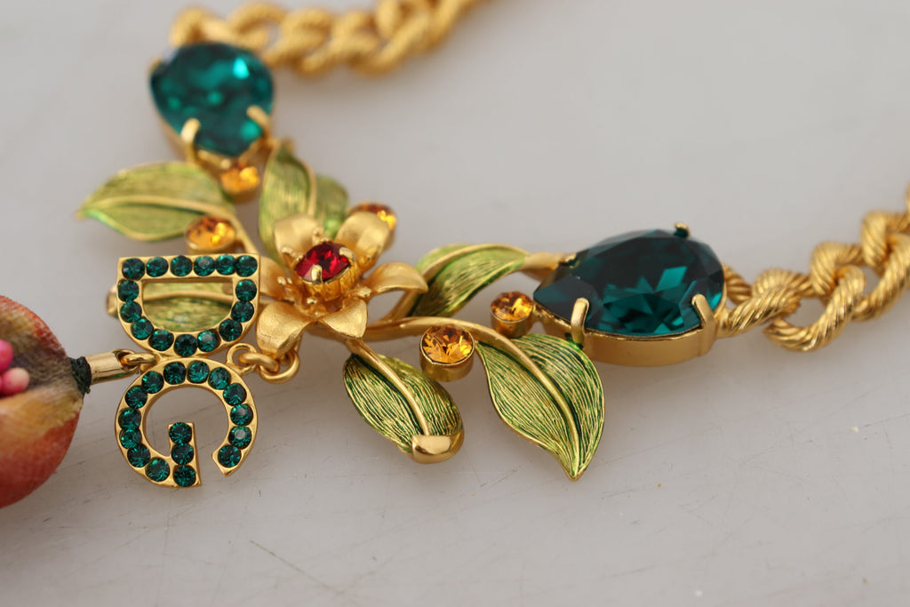 Collier Dolce &amp; Gabbana en laiton doré avec logo en cristal et motif floral fruité