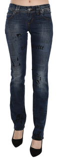 Pantalon skinny taille basse en denim bleu à imprimé journal John Galliano