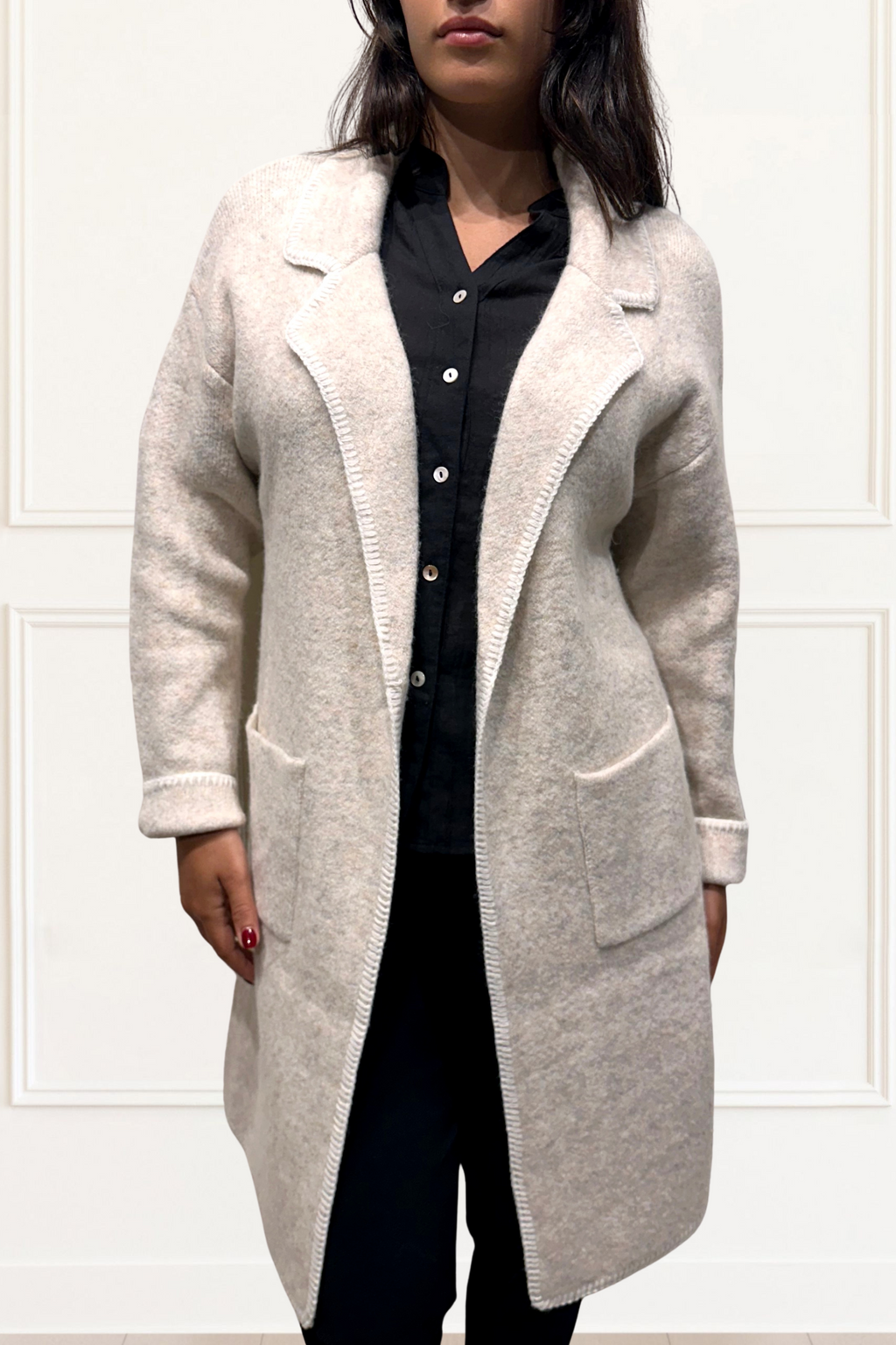 Solana Knit Jacket Collar Long Open-Front Contrast Stitching Pockets-3