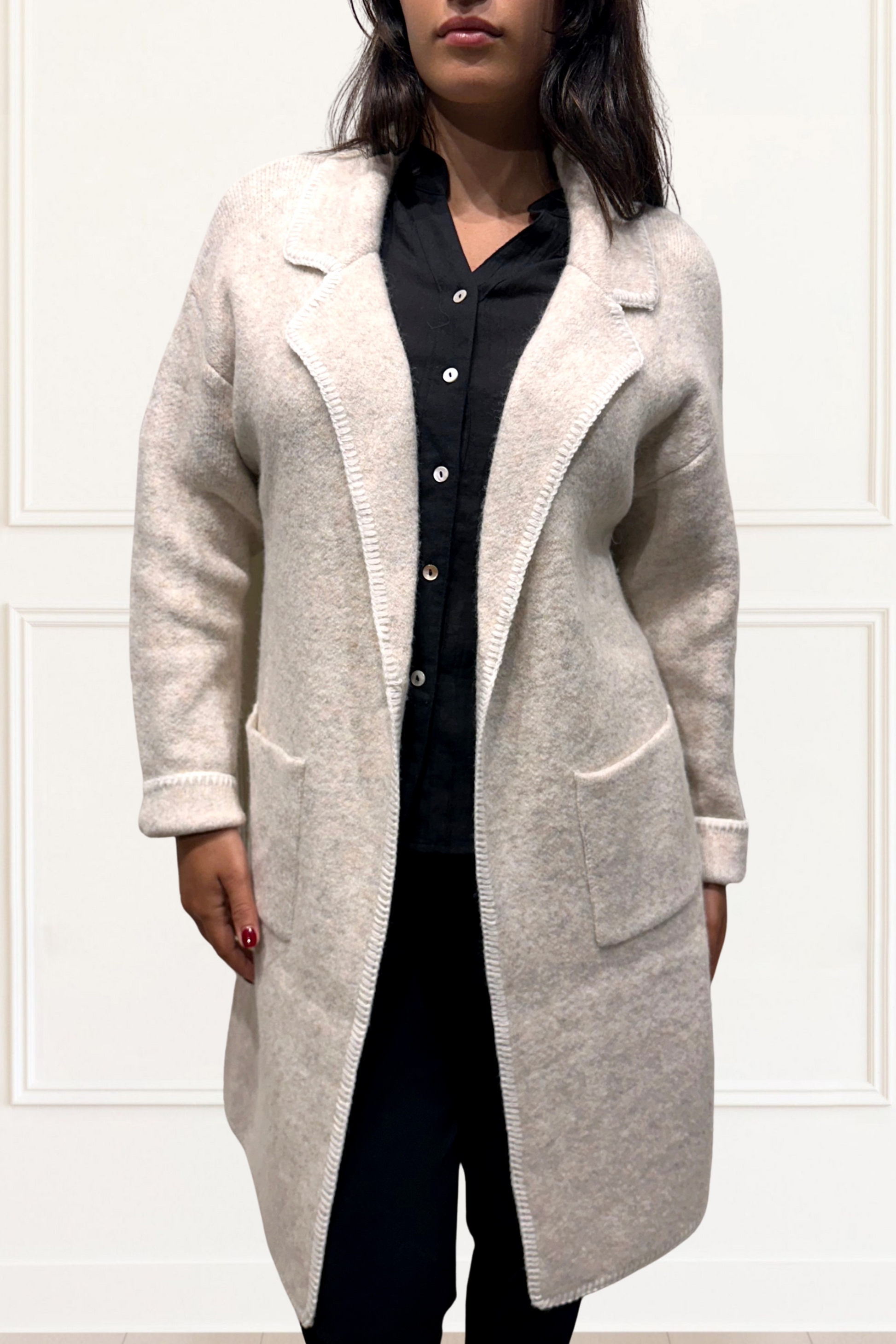 Solana Knit Jacket Collar Long Open-Front Contrast Stitching Pockets-3