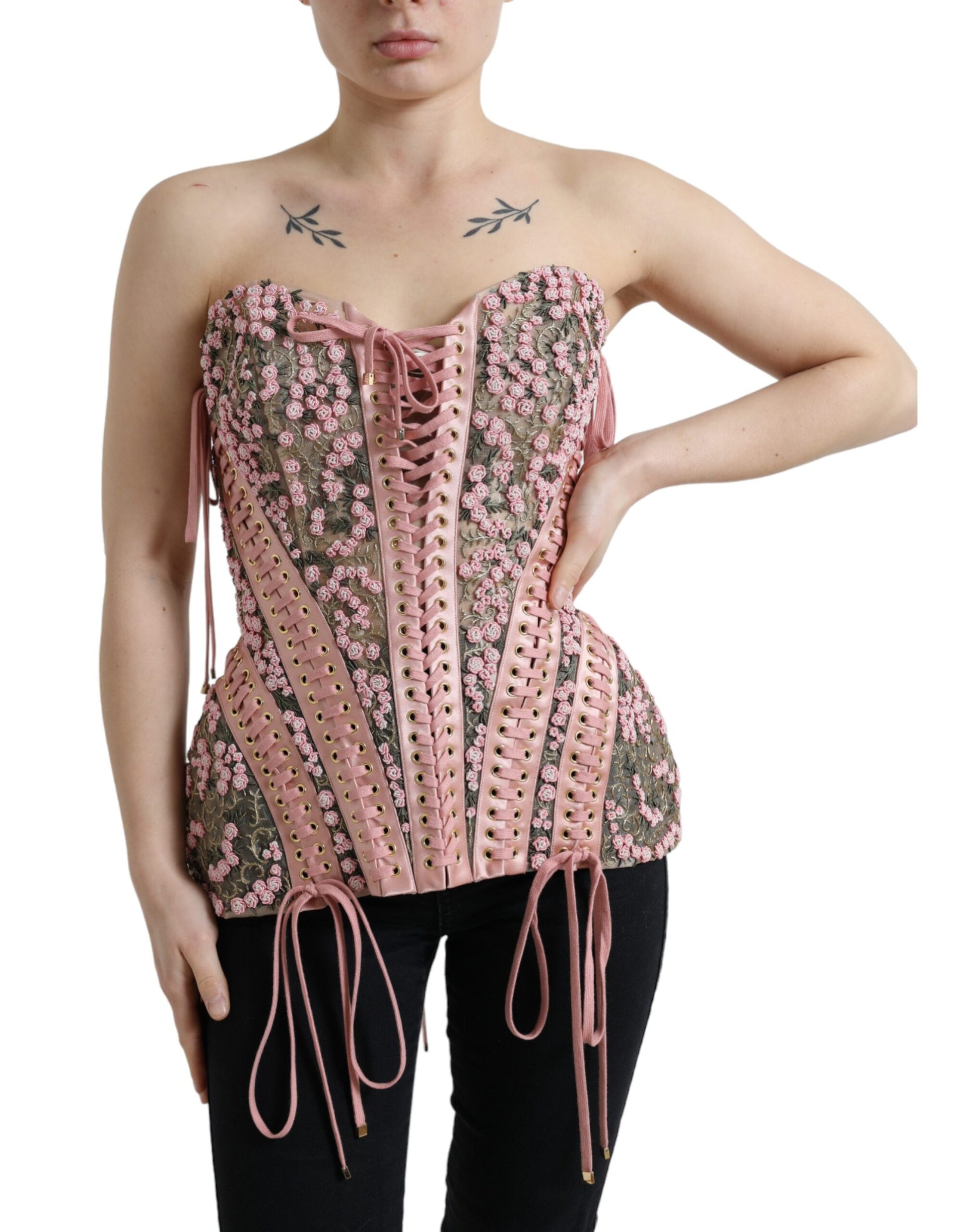 Dolce &amp; Gabbana Haut bustier corset à appliques florales roses