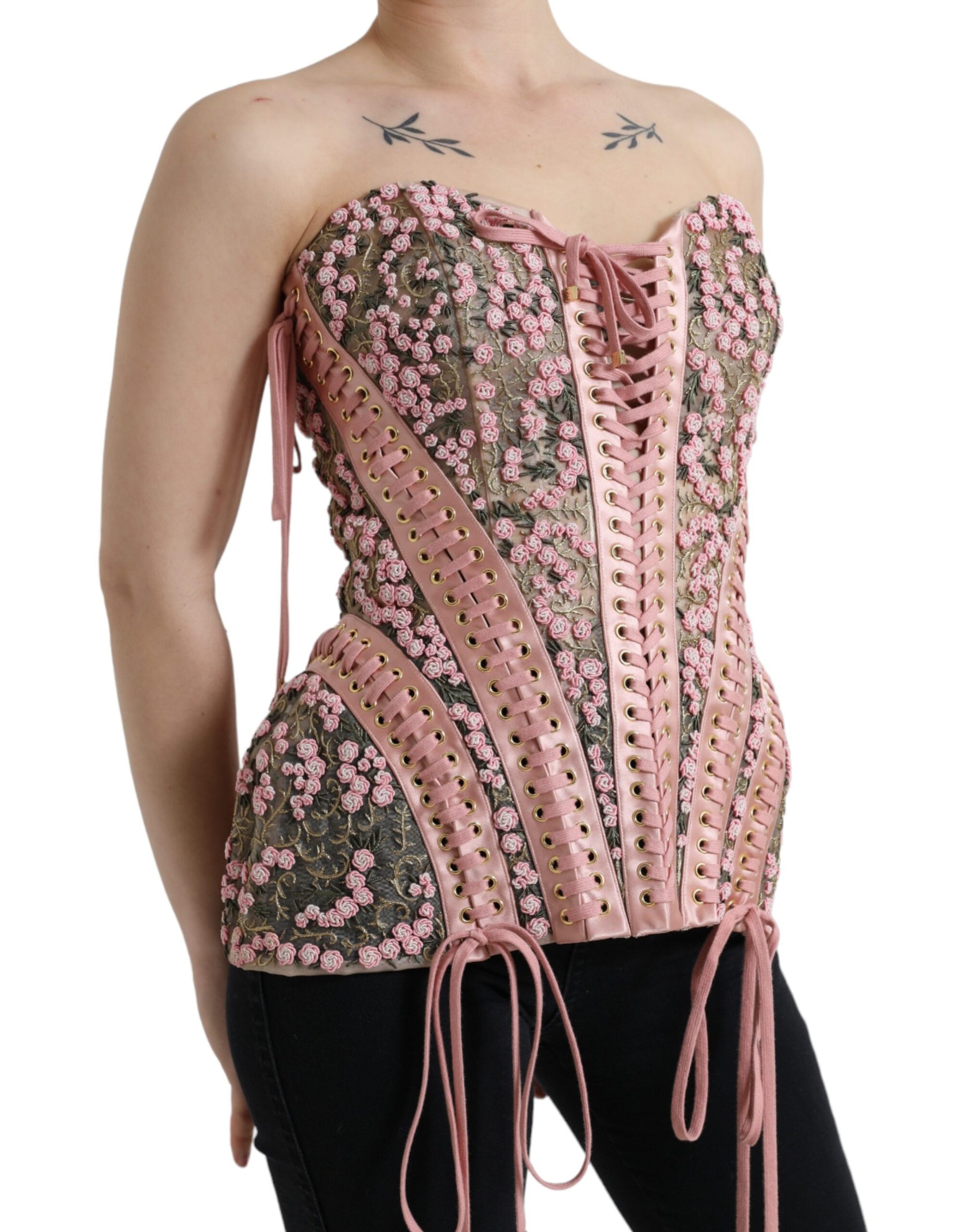 Dolce &amp; Gabbana Haut bustier corset à appliques florales roses