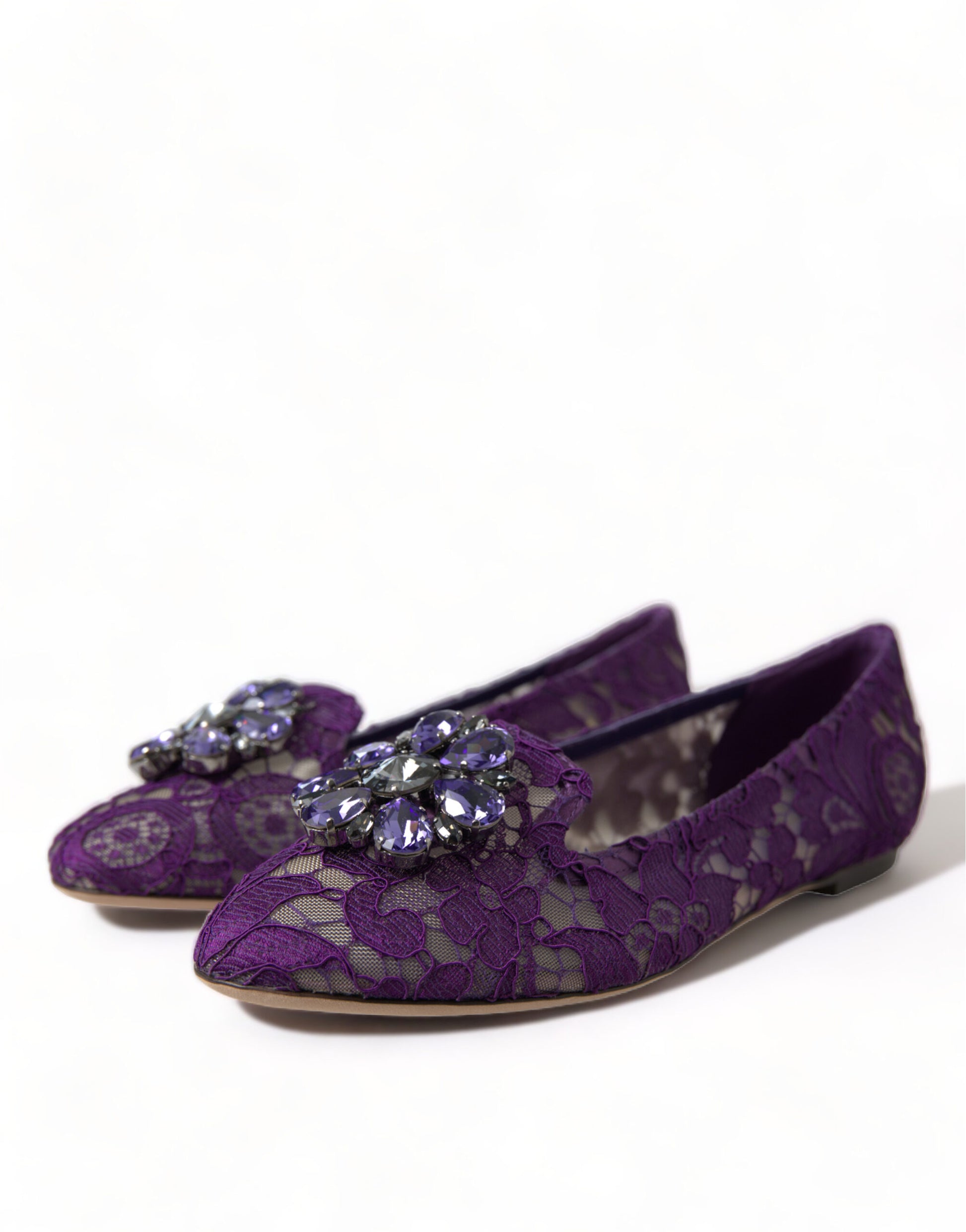 Chaussures plates Dolce &amp; Gabbana Purple Vally Taormina en dentelle et cristaux