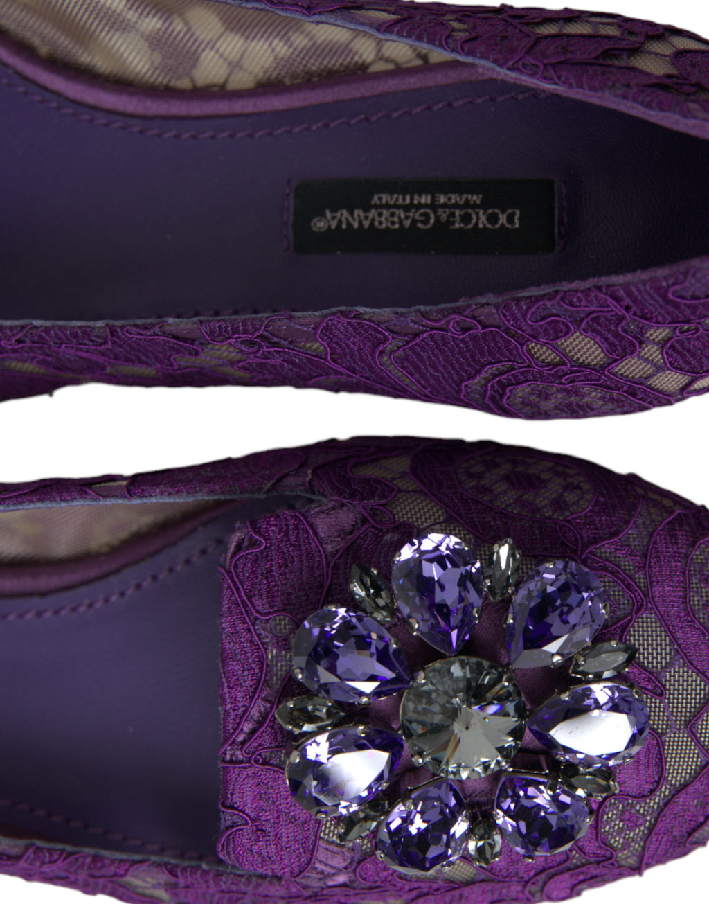 Chaussures plates Dolce &amp; Gabbana Purple Vally Taormina en dentelle et cristaux