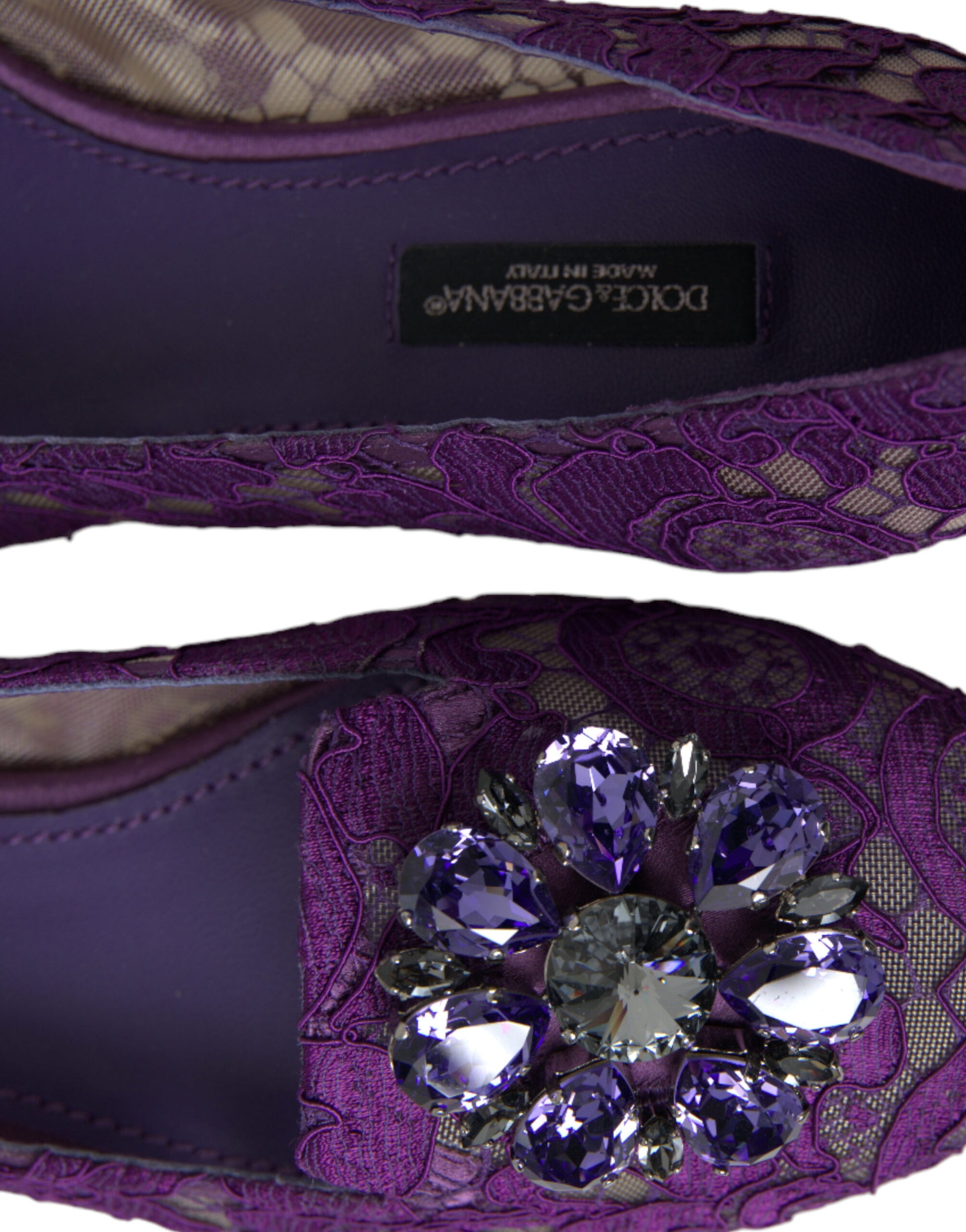 Chaussures plates Dolce &amp; Gabbana Purple Vally Taormina en dentelle et cristaux