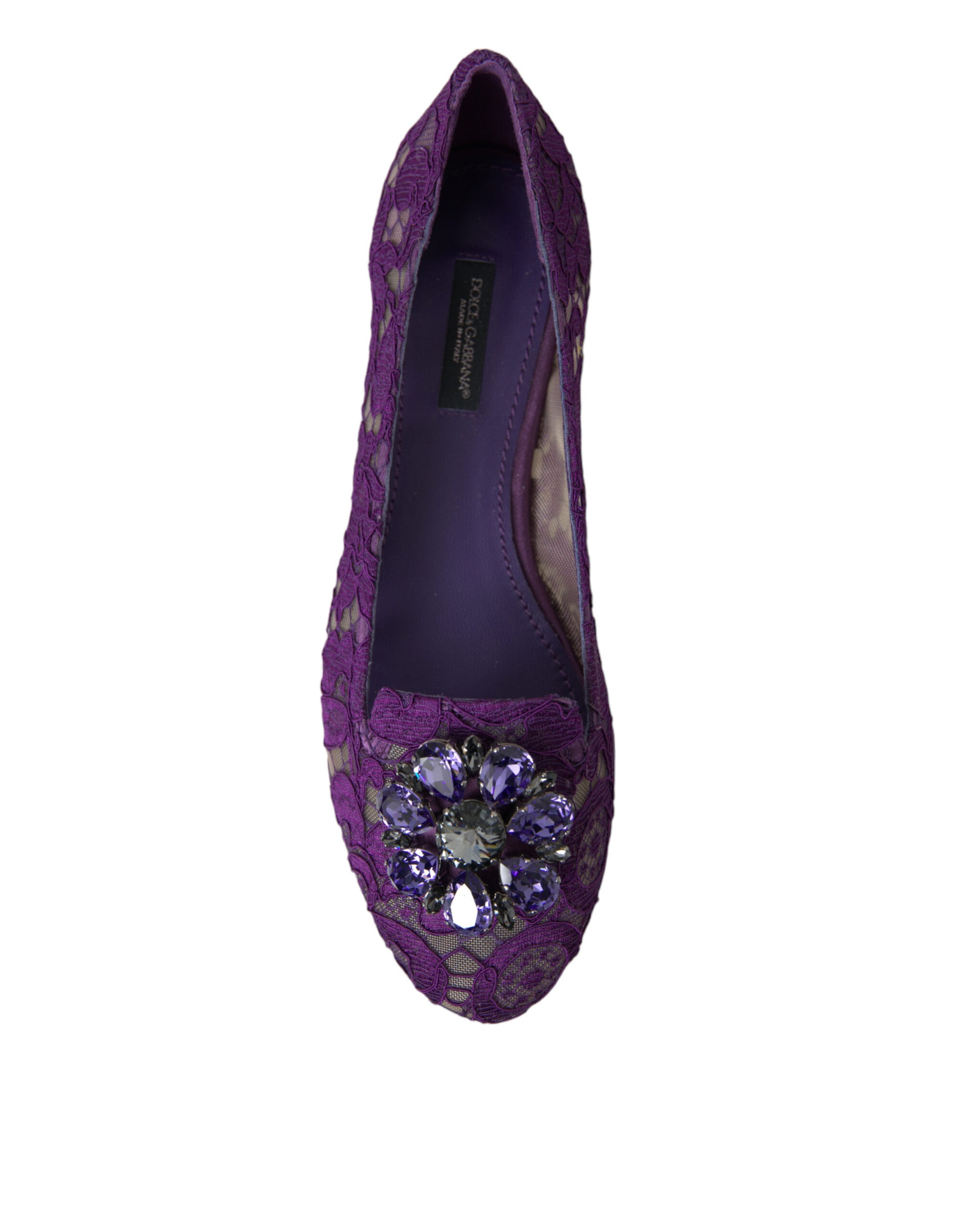 Chaussures plates Dolce &amp; Gabbana Purple Vally Taormina en dentelle et cristaux