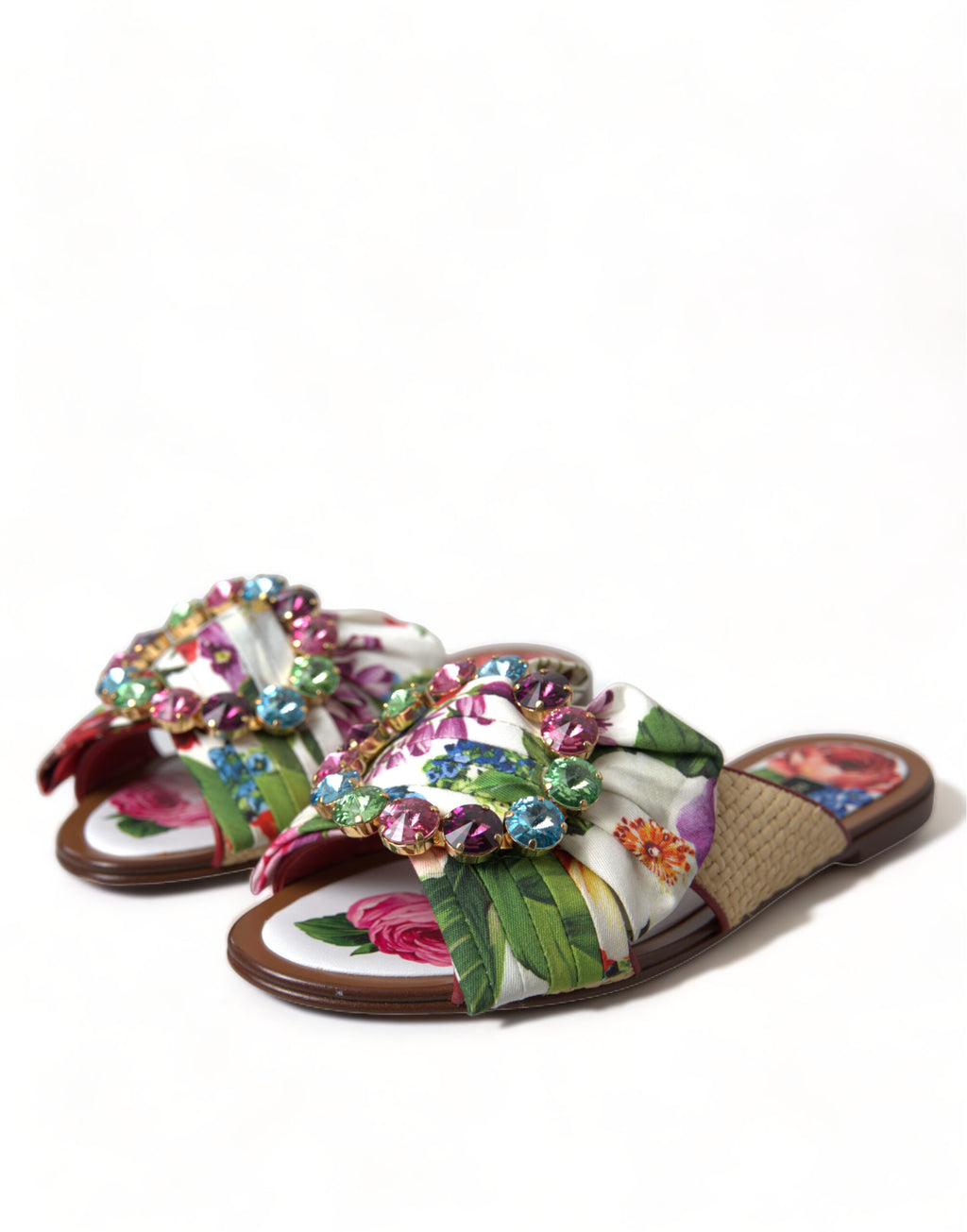 Dolce &amp; Gabbana Chaussures plates à fleurs multicolores Sandales en cristal