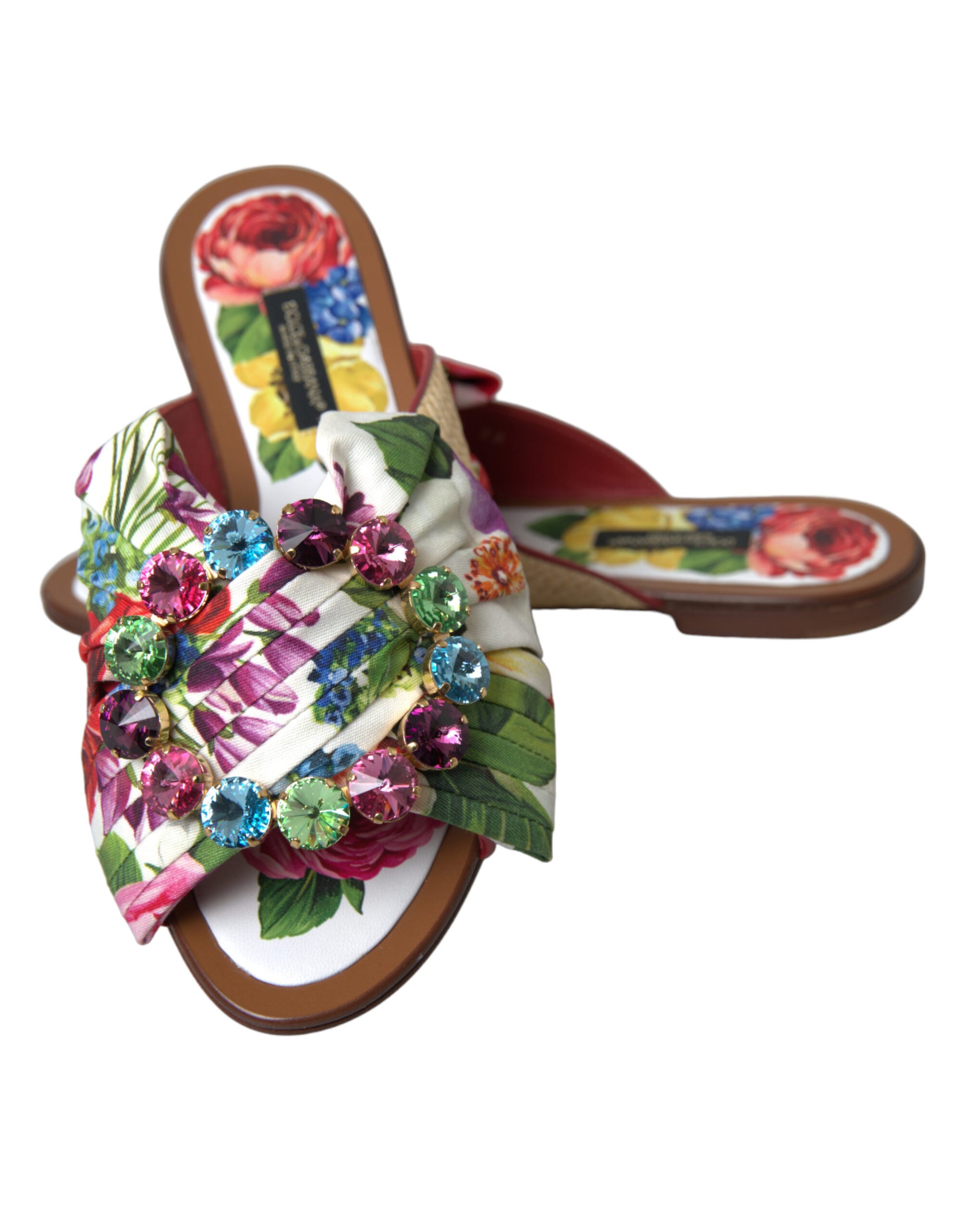 Dolce &amp; Gabbana Chaussures plates à fleurs multicolores Sandales en cristal