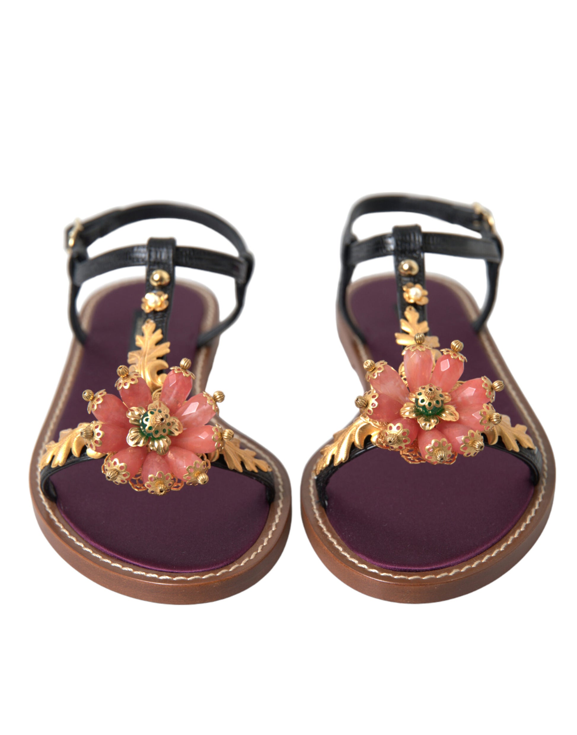 Sandales Dolce &amp; Gabbana en cuir noir et cristal doré