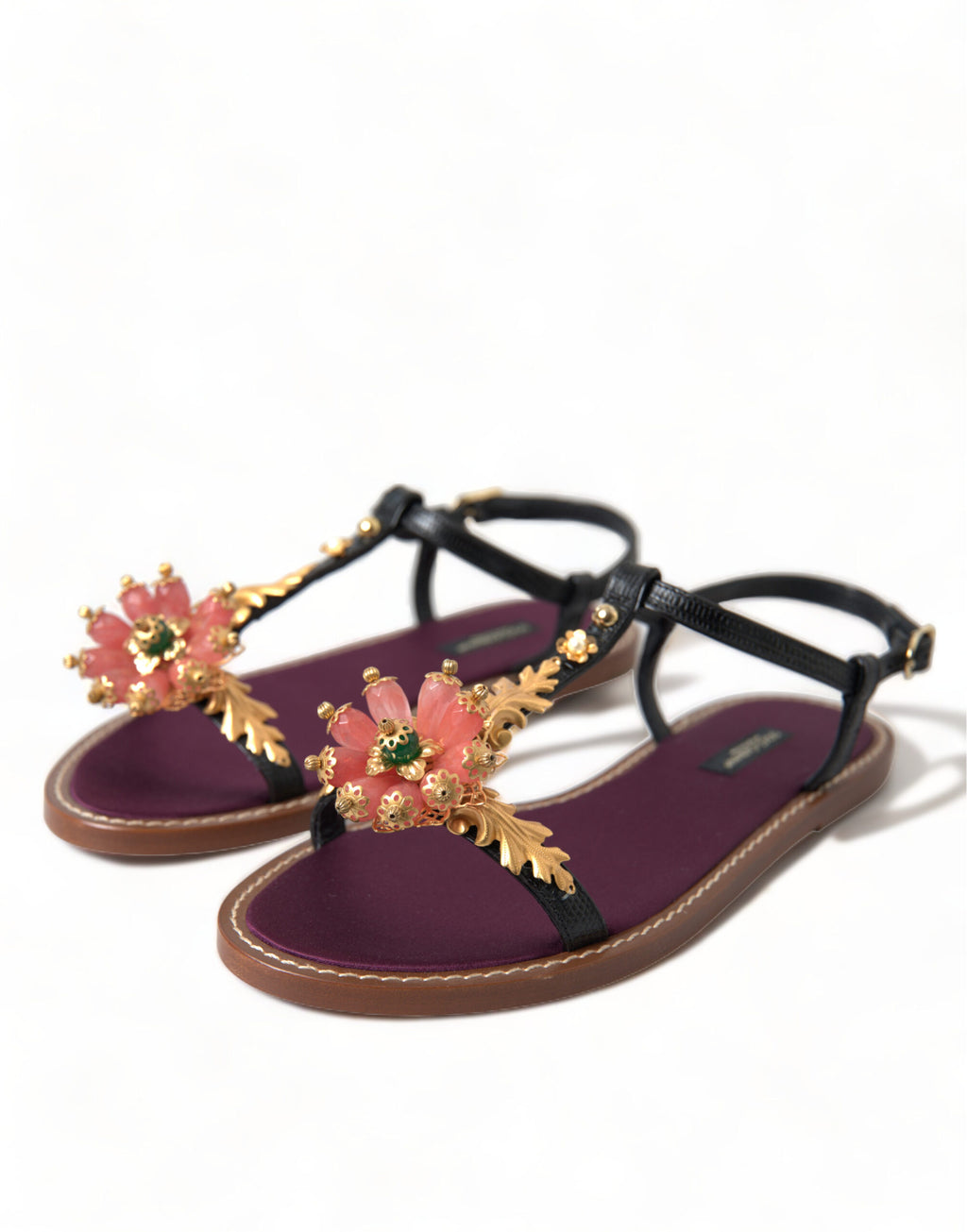 Sandales Dolce &amp; Gabbana en cuir noir et cristal doré