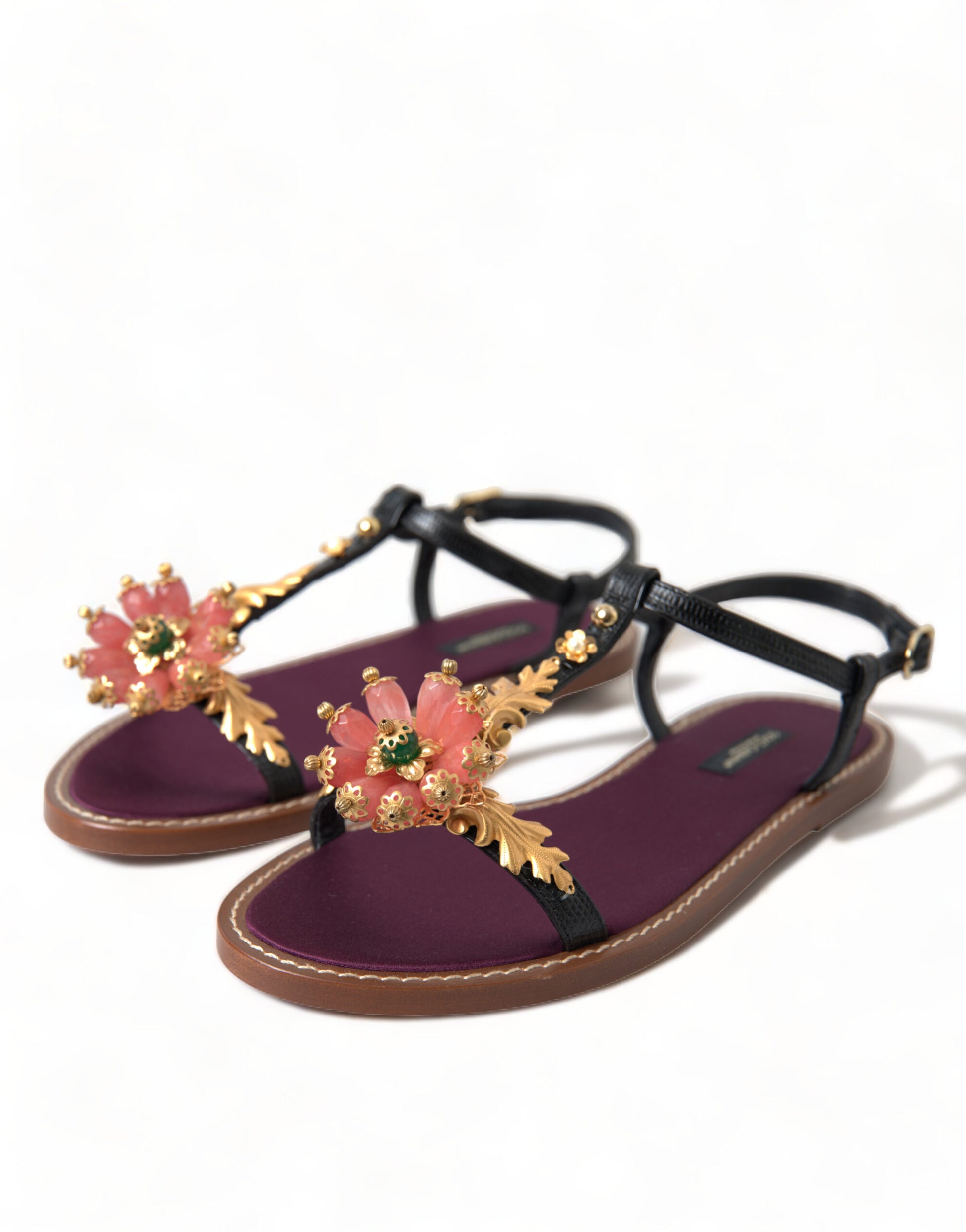 Sandales Dolce &amp; Gabbana en cuir noir et cristal doré