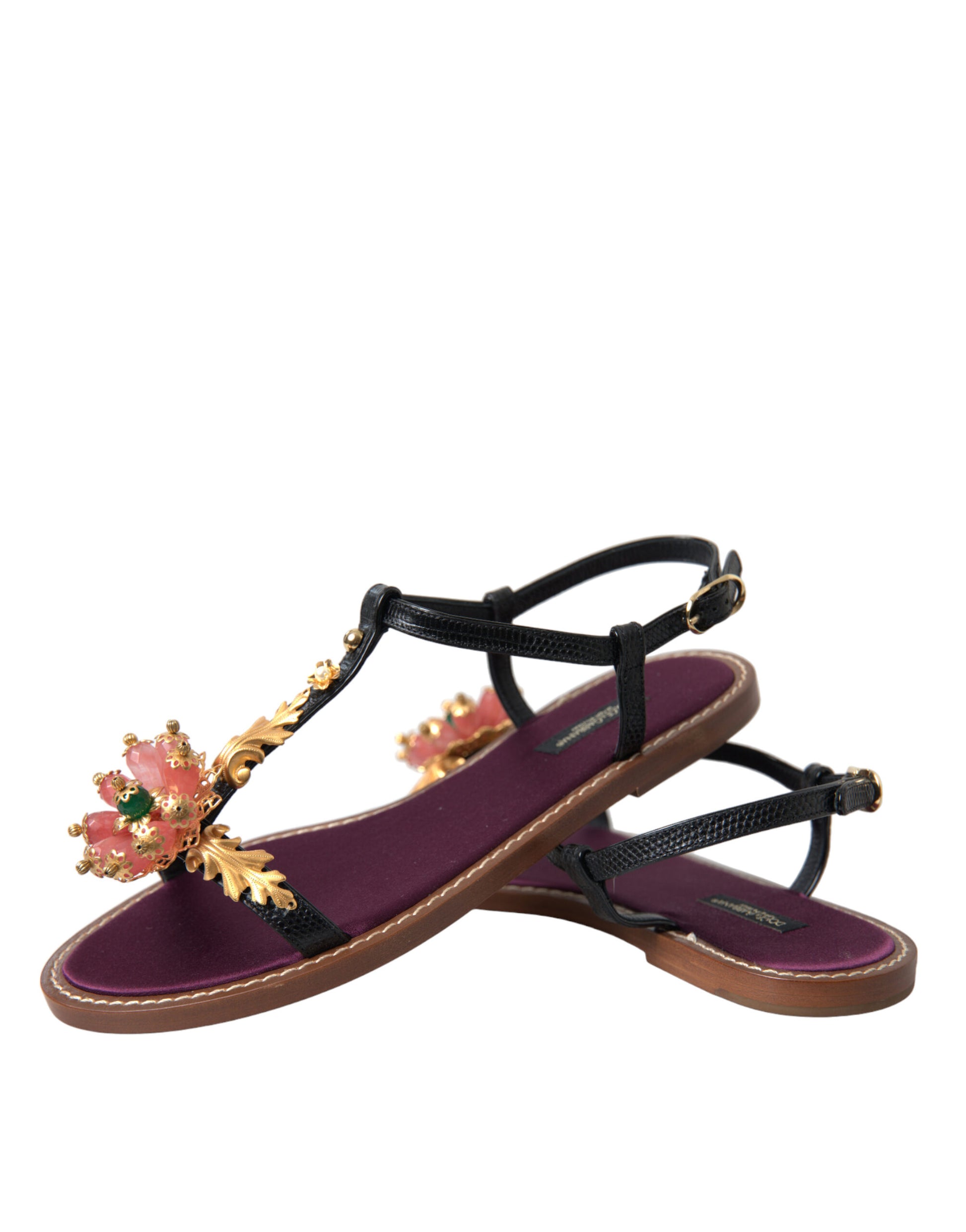 Sandales Dolce &amp; Gabbana en cuir noir et cristal doré