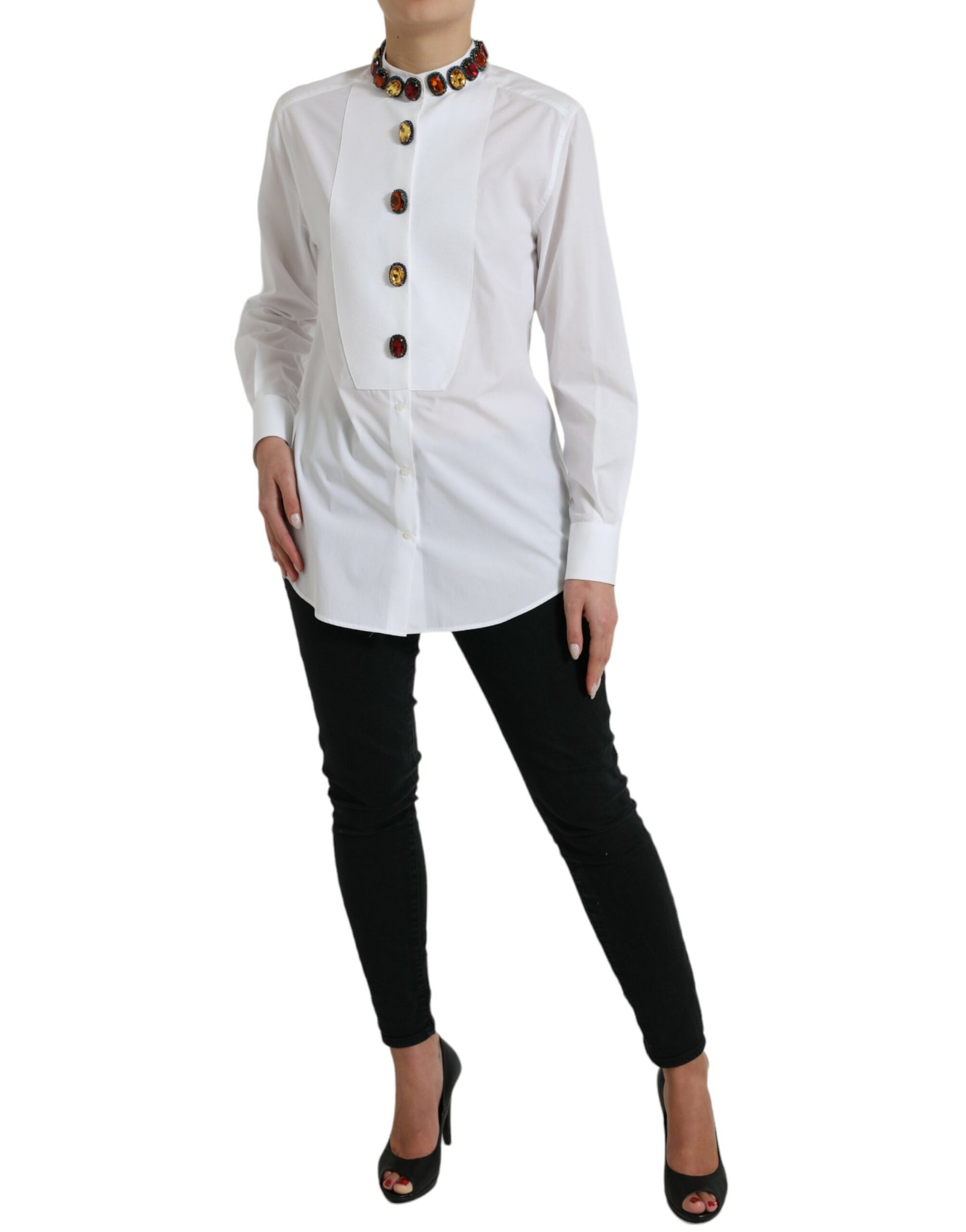 Dolce &amp; Gabbana - Haut chemise en coton blanc orné de cristaux