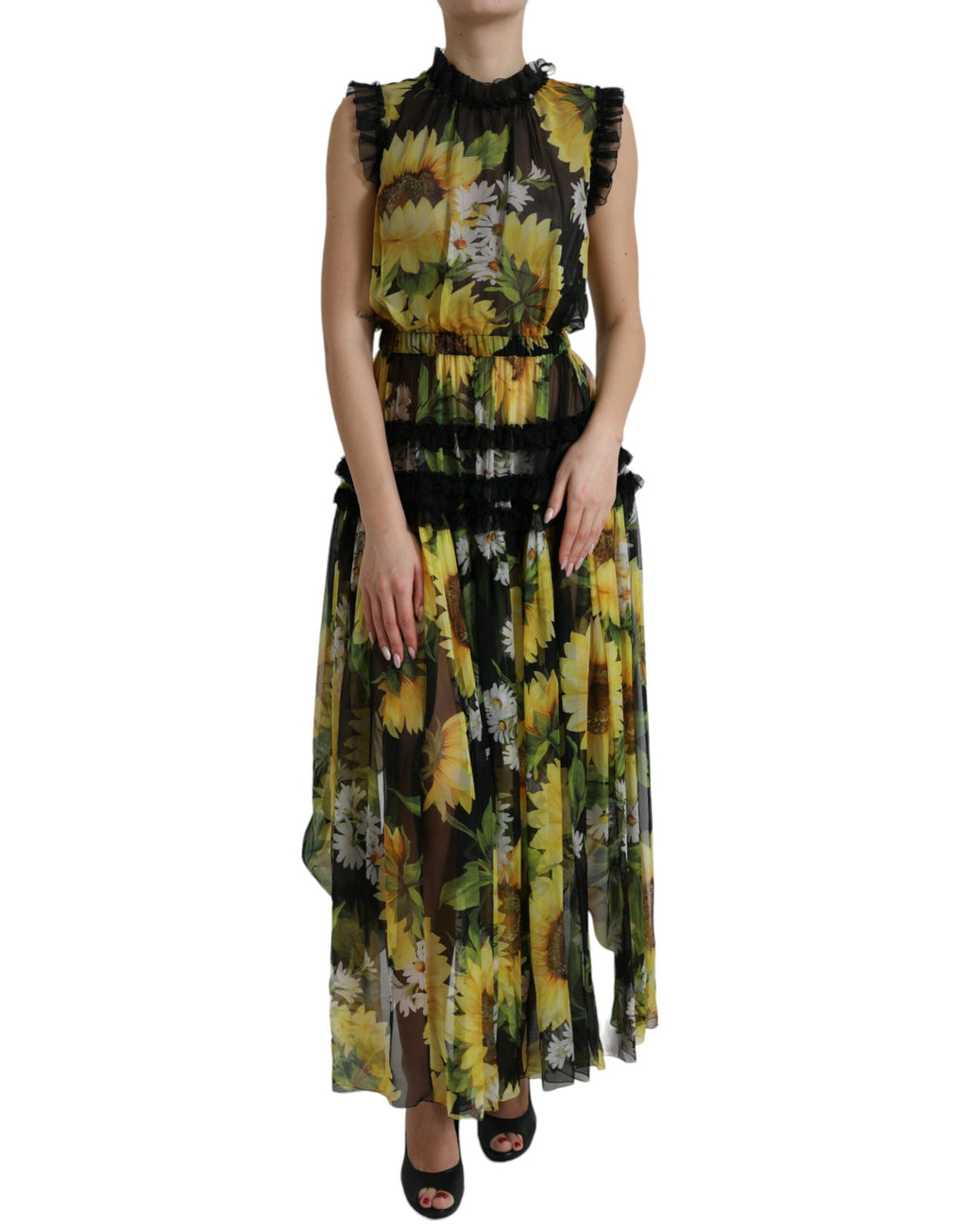Robe longue plissée noire à imprimé tournesol Dolce &amp; Gabbana