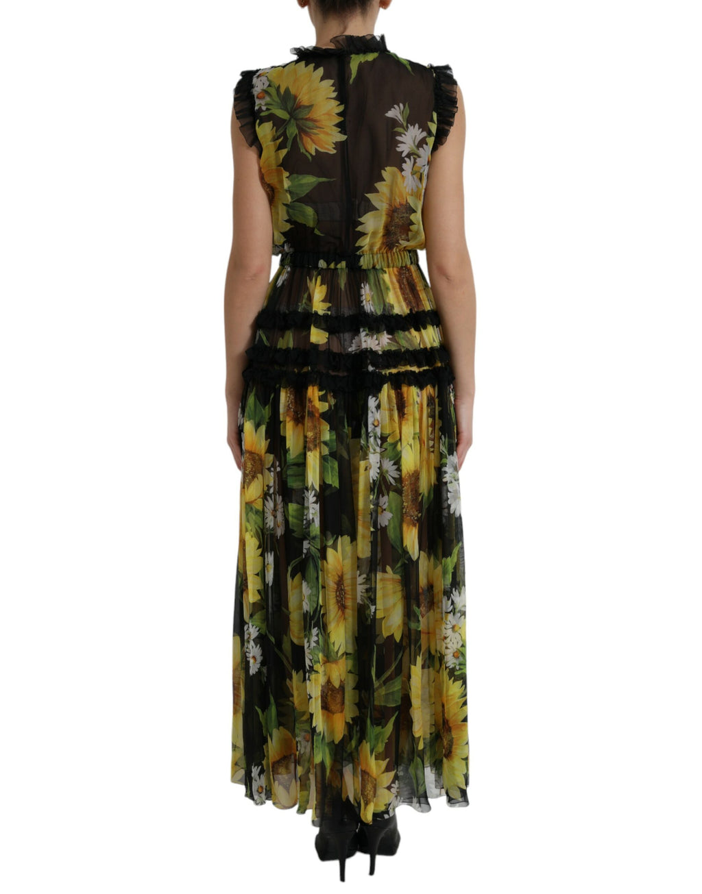 Robe longue plissée noire à imprimé tournesol Dolce &amp; Gabbana