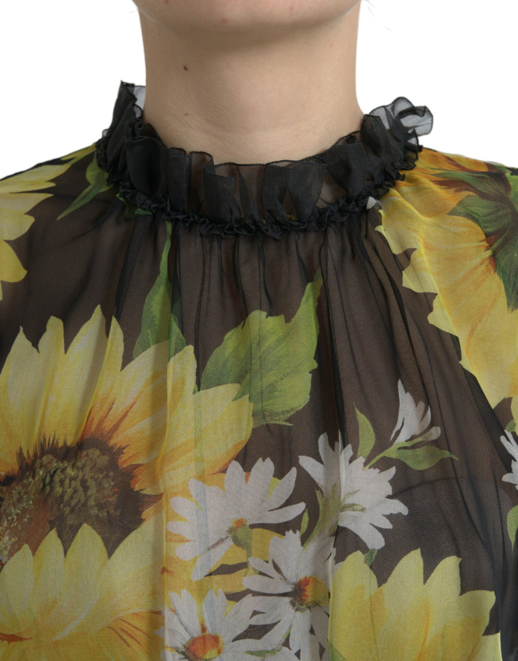 Robe longue plissée noire à imprimé tournesol Dolce &amp; Gabbana