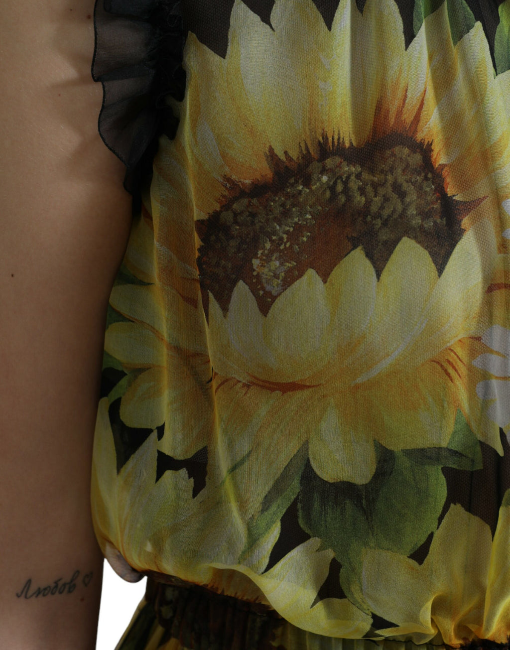 Robe longue plissée noire à imprimé tournesol Dolce &amp; Gabbana