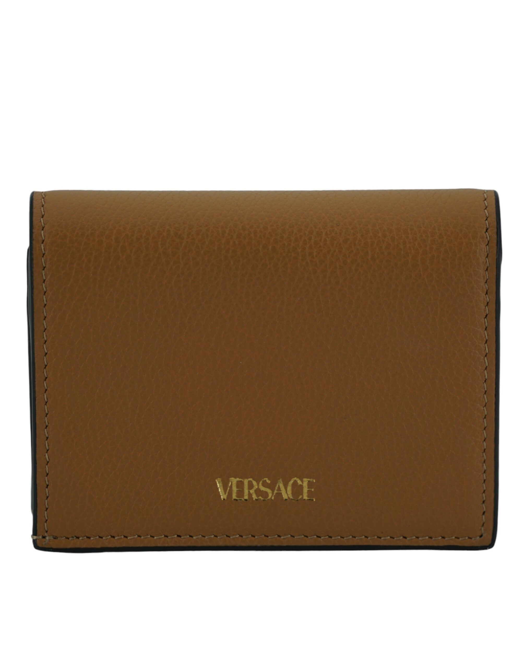 Portefeuille compact élégant en cuir marron Versace