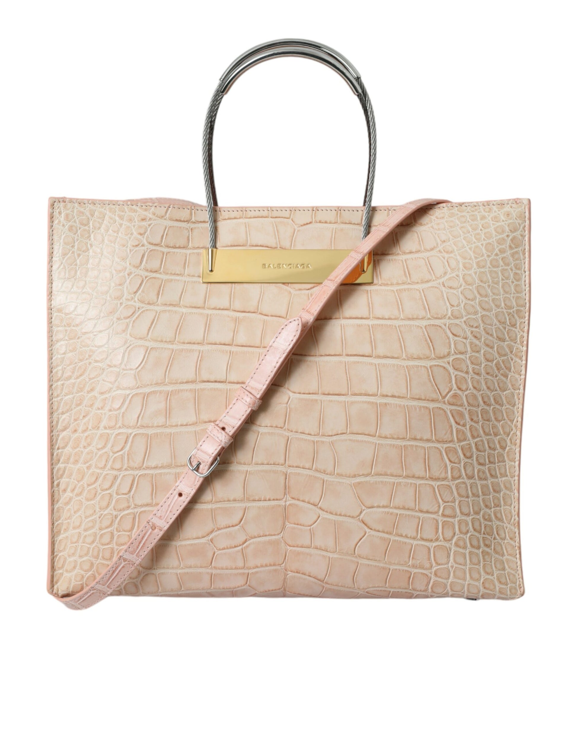 Sac cabas Balenciaga en cuir exotique rose gaufré avec poignée torsadée