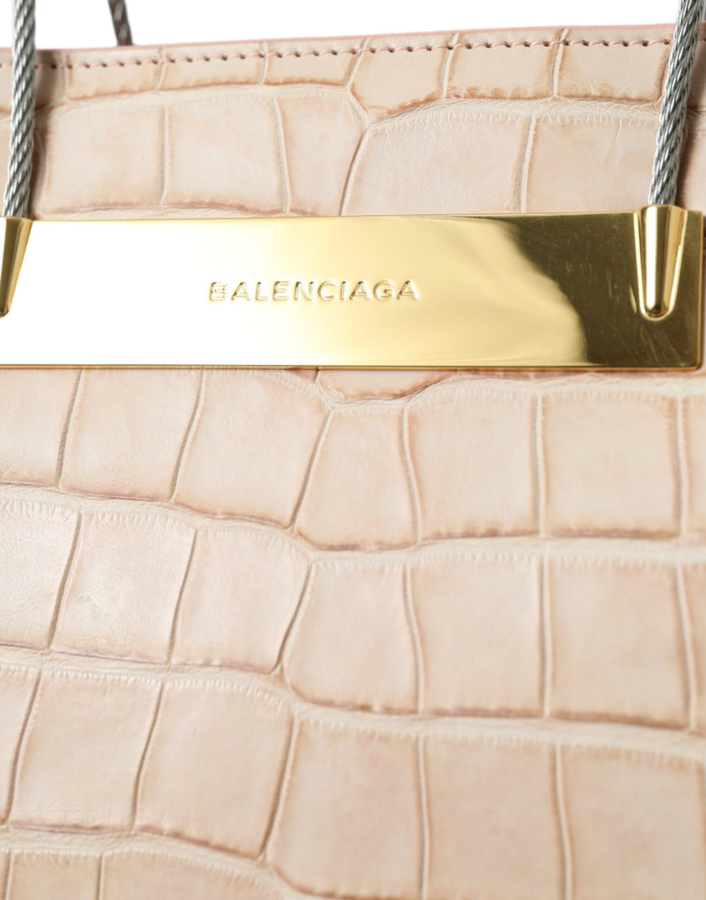 Sac cabas Balenciaga en cuir exotique rose gaufré avec poignée torsadée