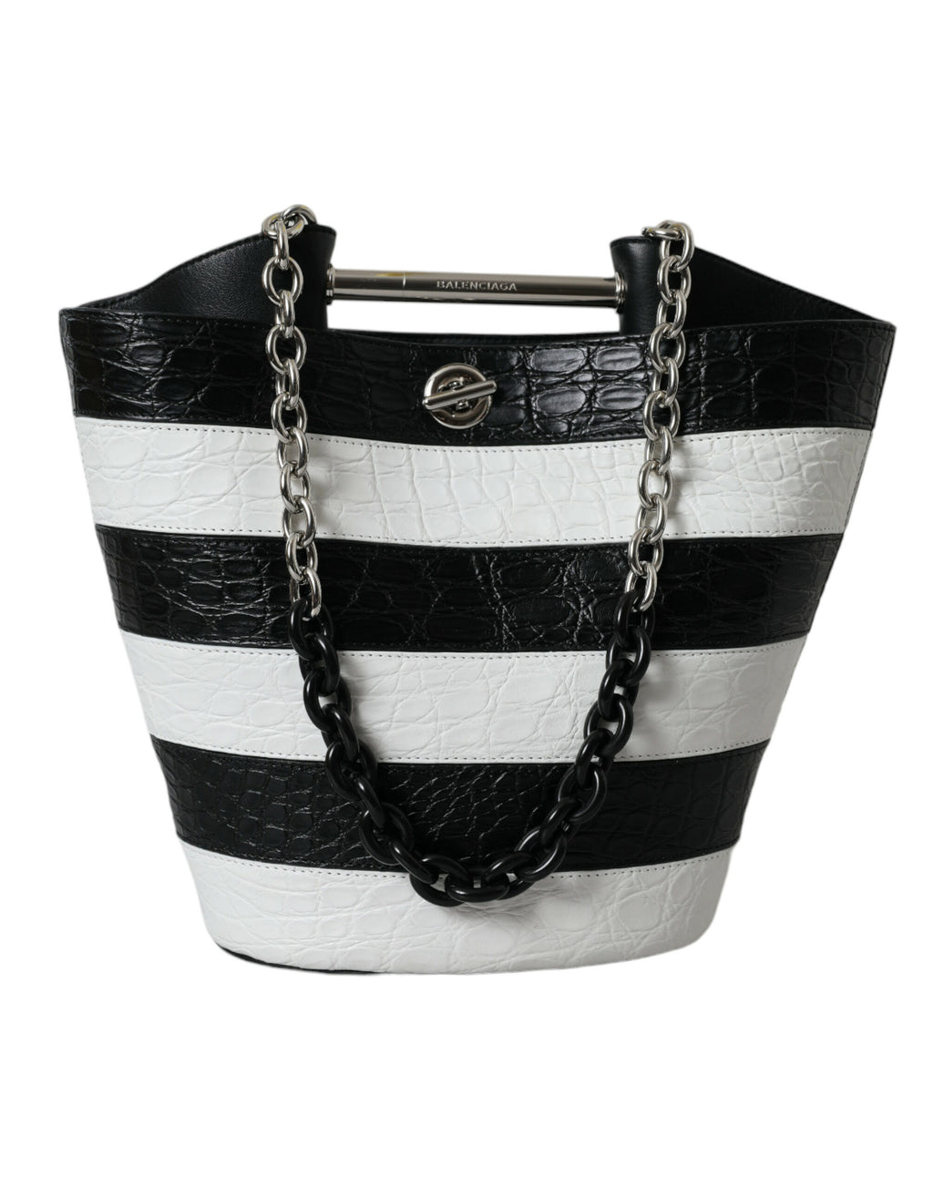 Sac seau maxi en cuir exotique à rayures noires et blanches Balenciaga
