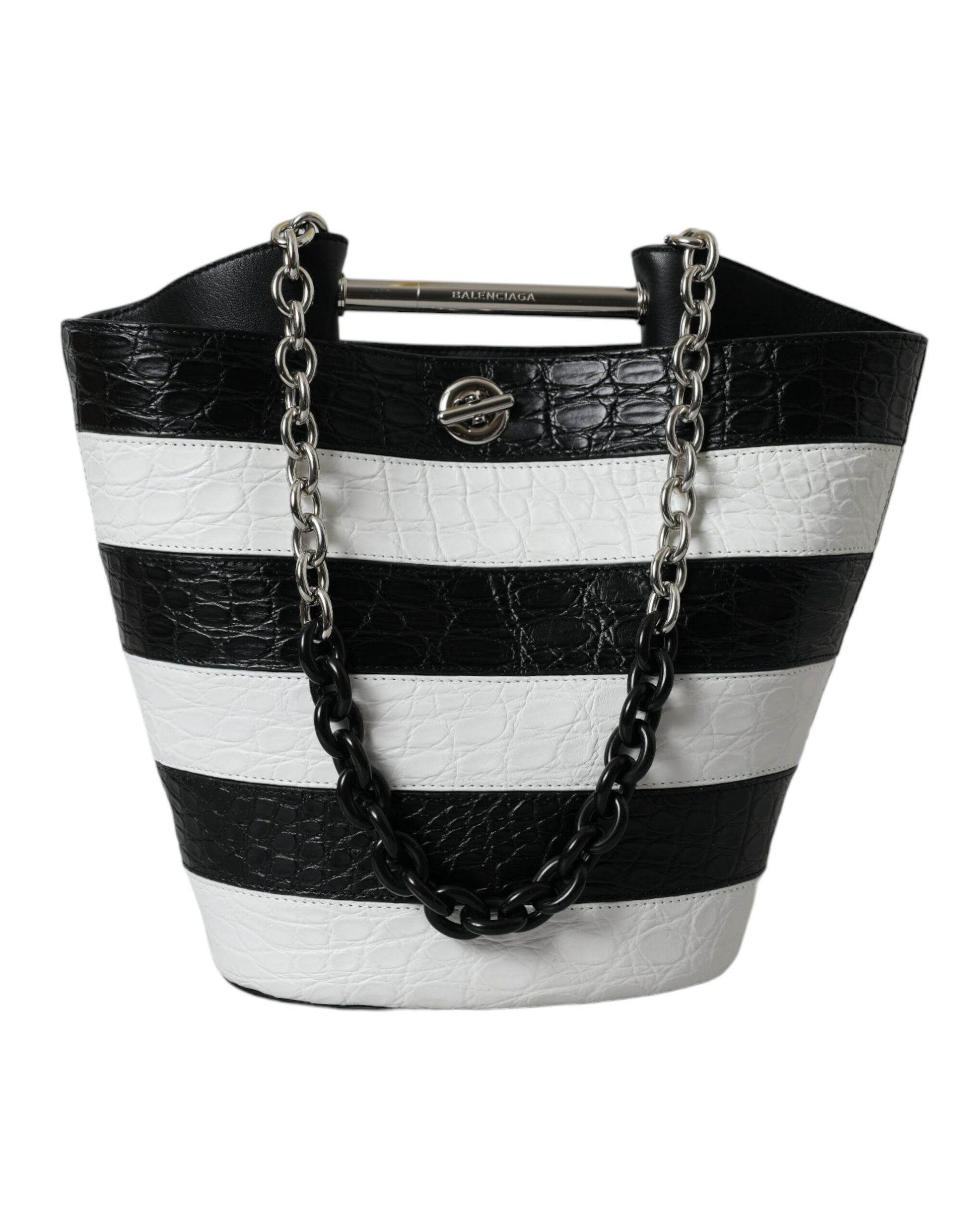 Sac seau maxi en cuir exotique à rayures noires et blanches Balenciaga