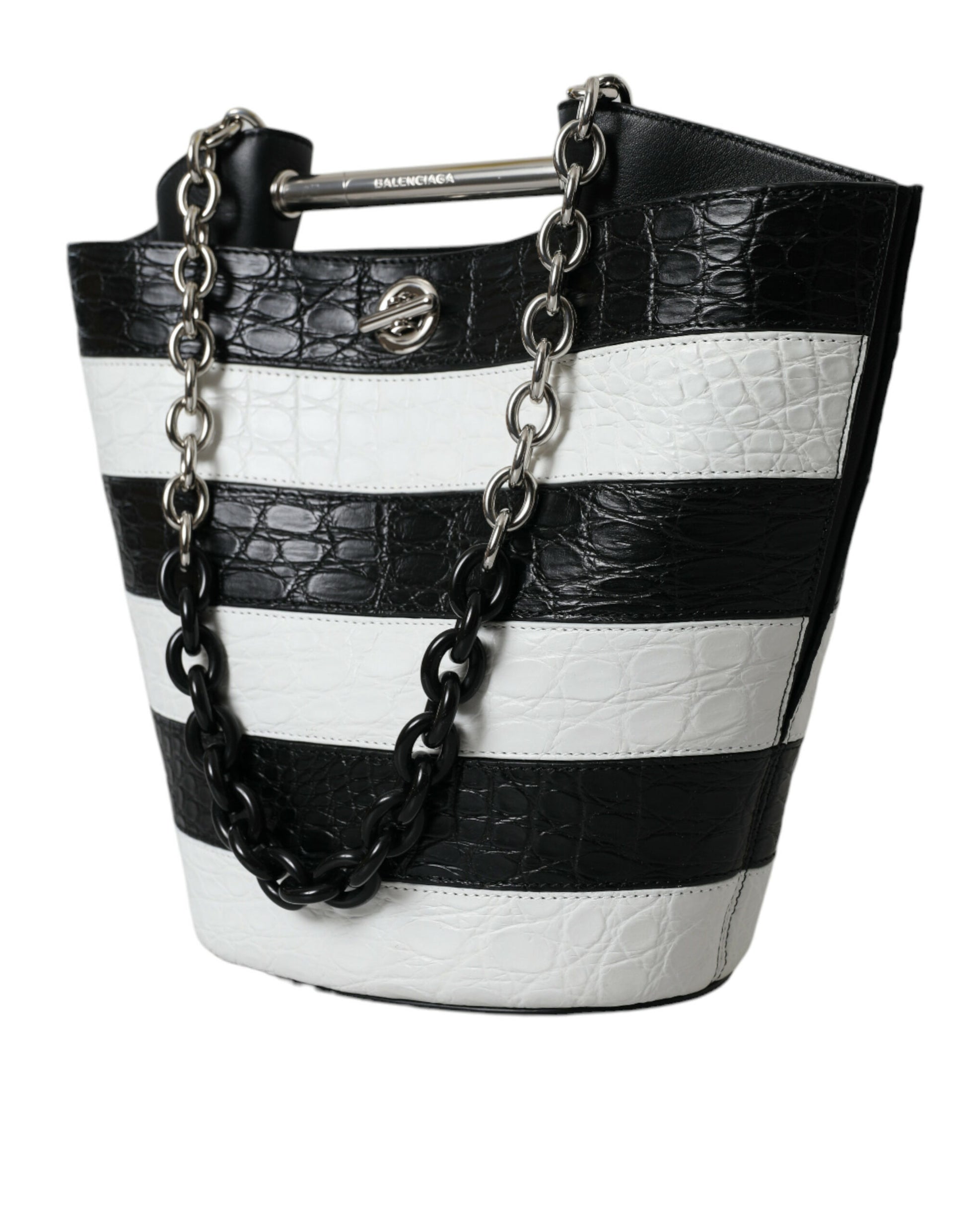 Sac seau maxi en cuir exotique à rayures noires et blanches Balenciaga