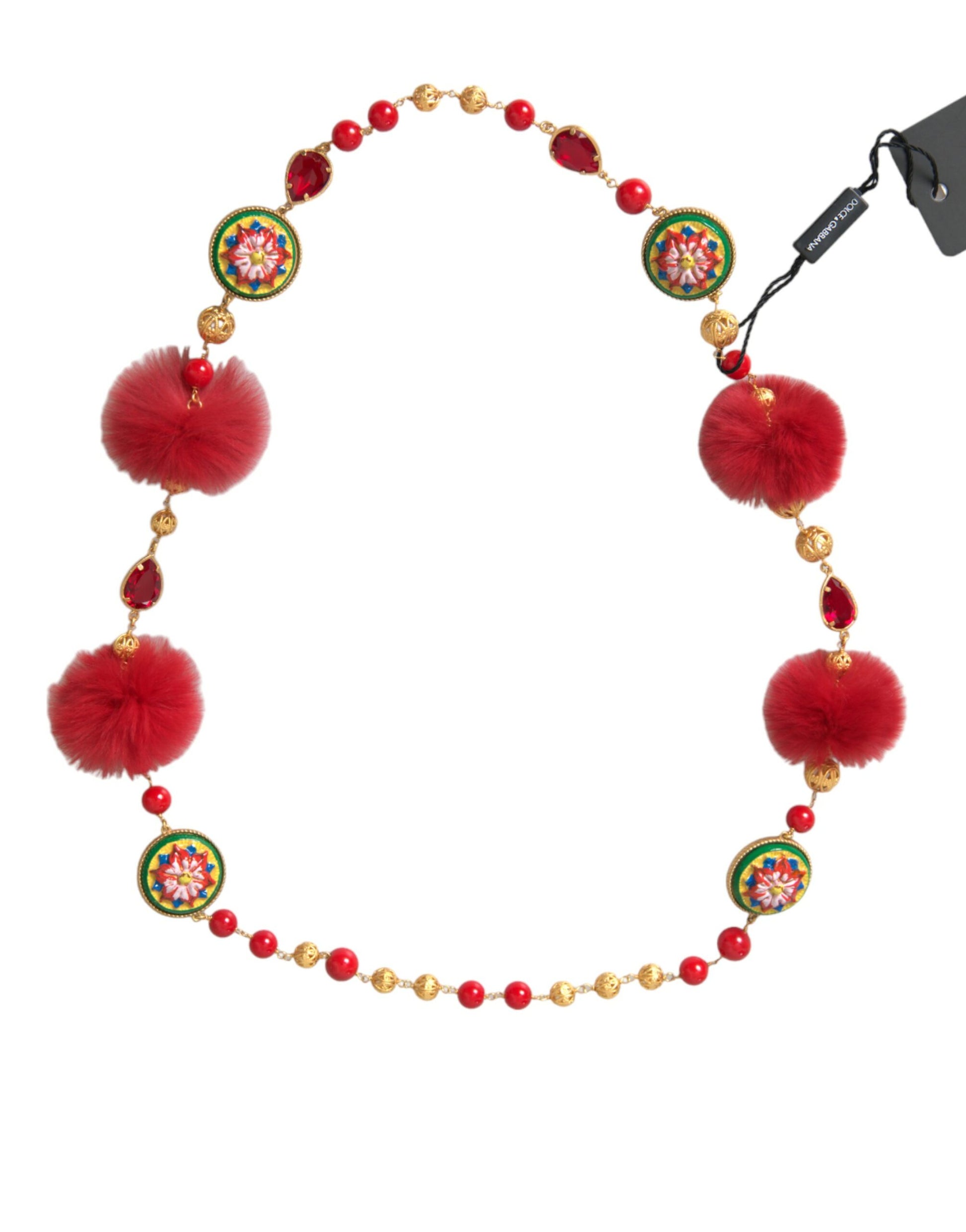Collier chaîne Carretto en laiton doré et fourrure rouge et cristal Dolce &amp; Gabbana