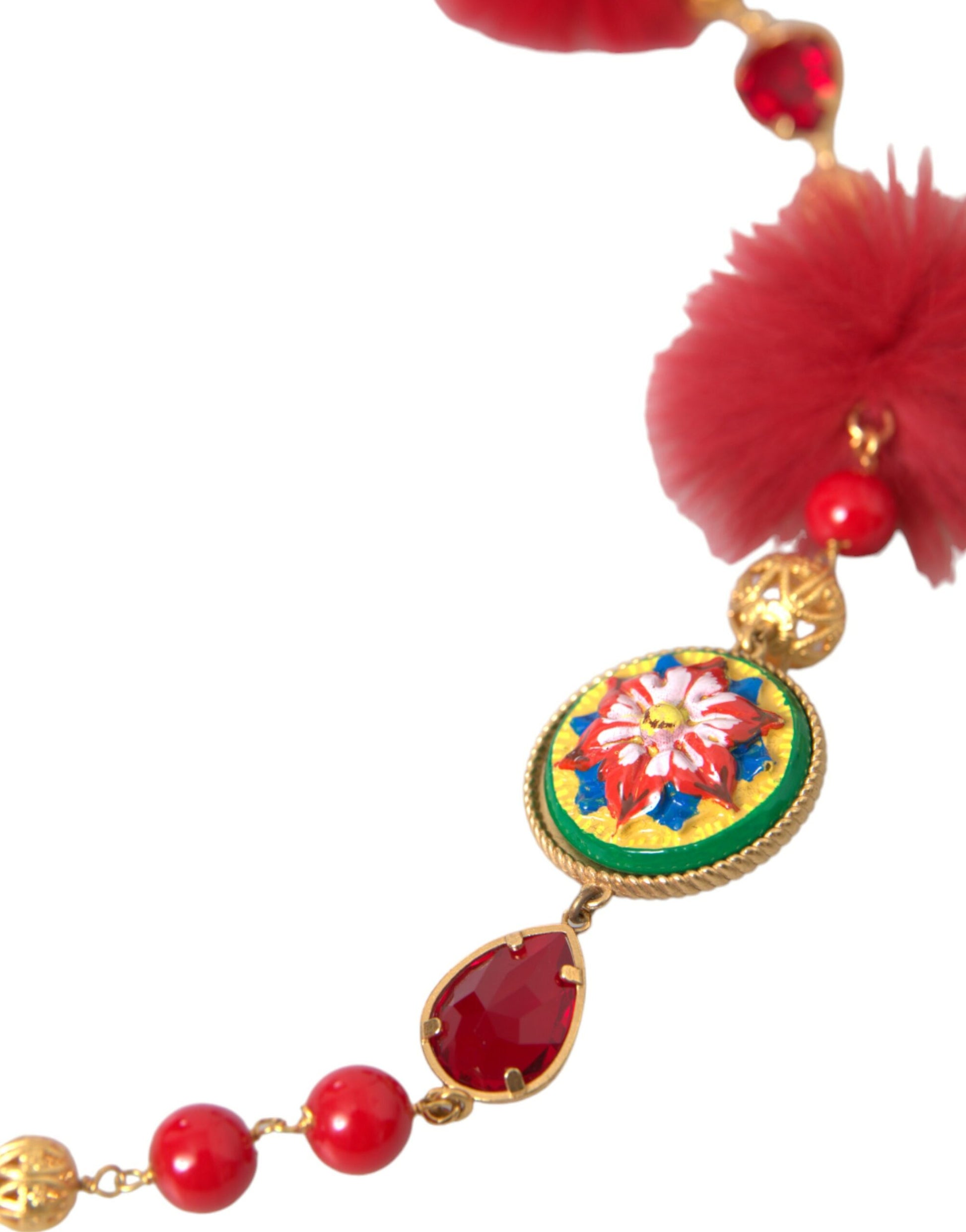 Collier chaîne Carretto en laiton doré et fourrure rouge et cristal Dolce &amp; Gabbana