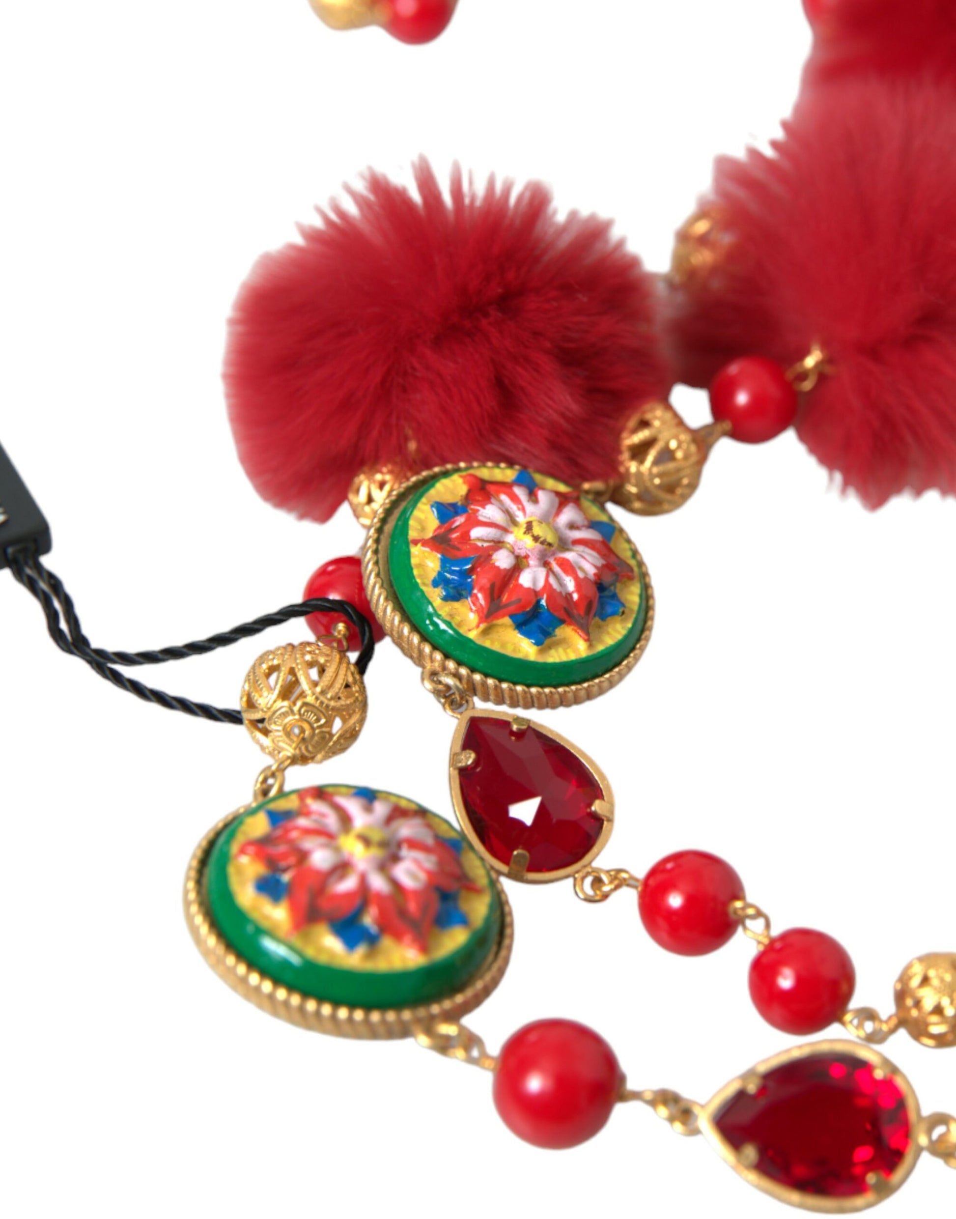 Collier chaîne Carretto en laiton doré et fourrure rouge et cristal Dolce &amp; Gabbana