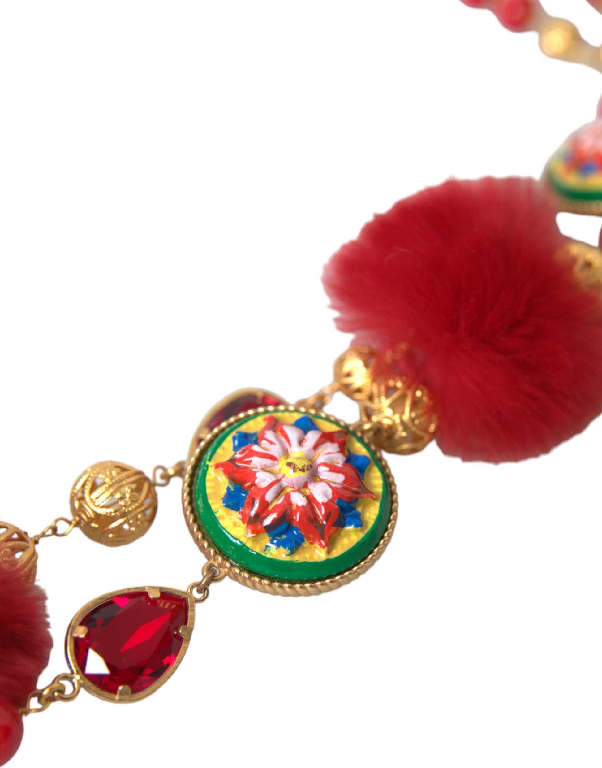Collier chaîne Carretto en laiton doré et fourrure rouge et cristal Dolce &amp; Gabbana