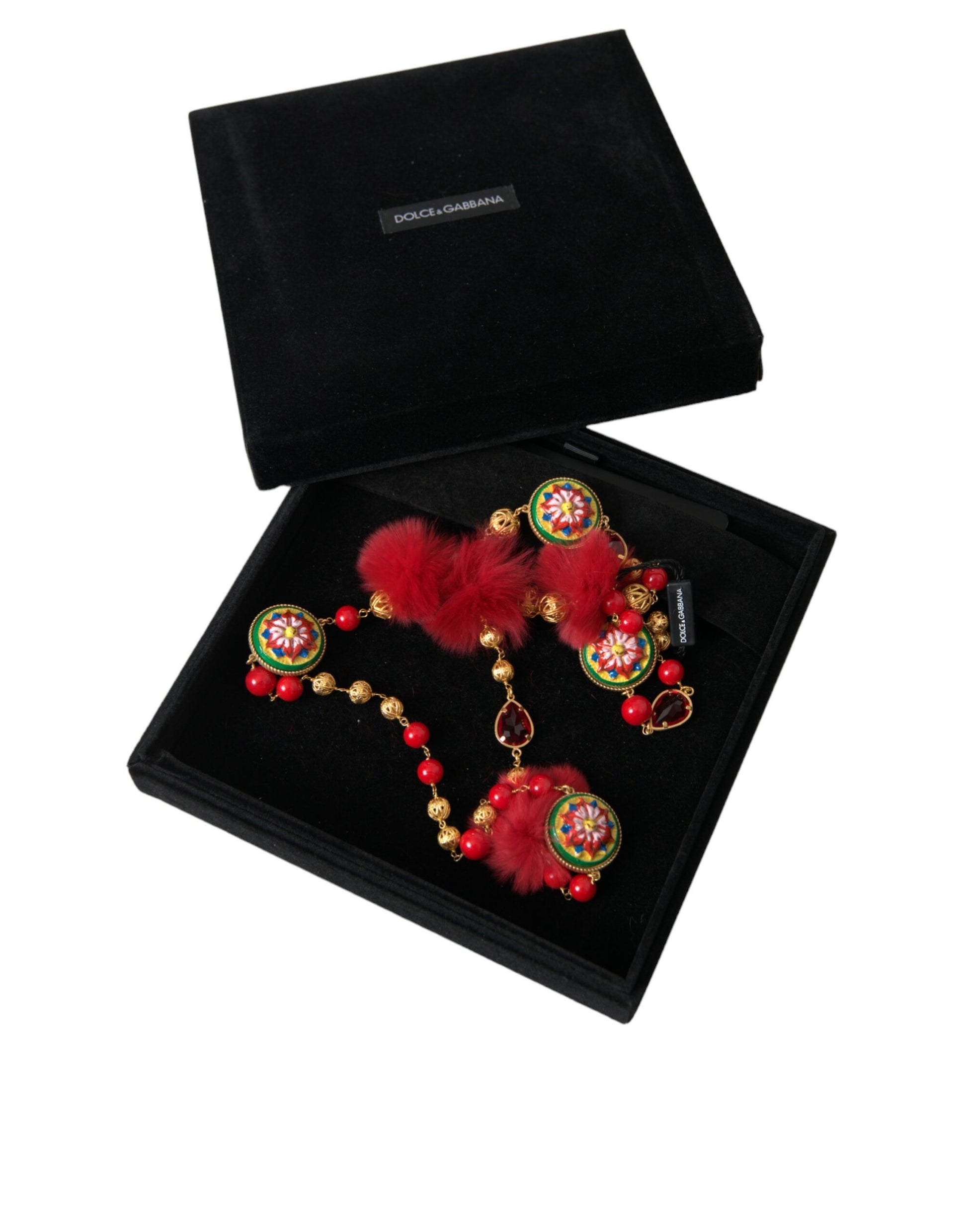 Collier chaîne Carretto en laiton doré et fourrure rouge et cristal Dolce &amp; Gabbana
