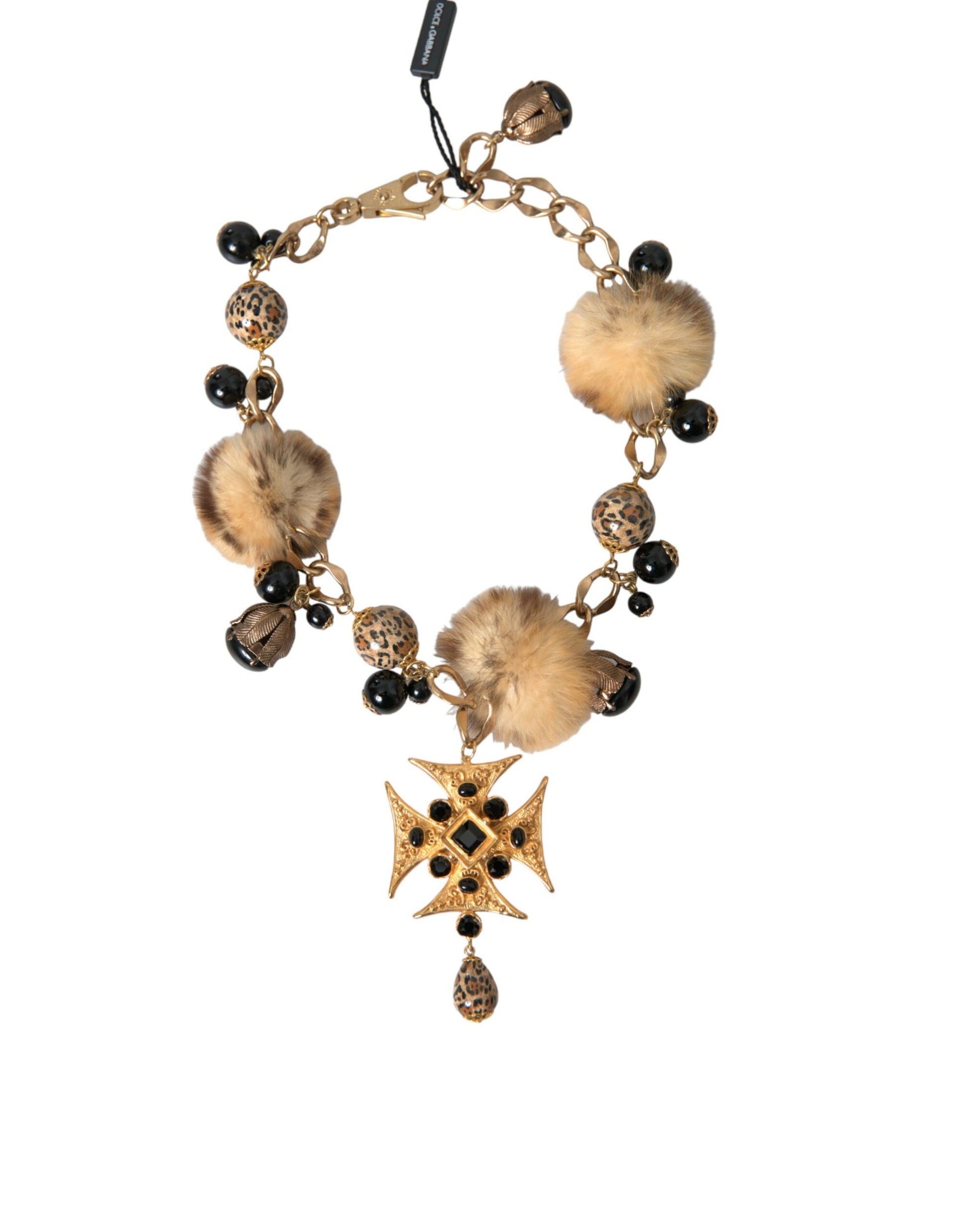 Collier ras du cou Dolce &amp; Gabbana en filigrane de fourrure de lapin avec cristaux noirs et dorés