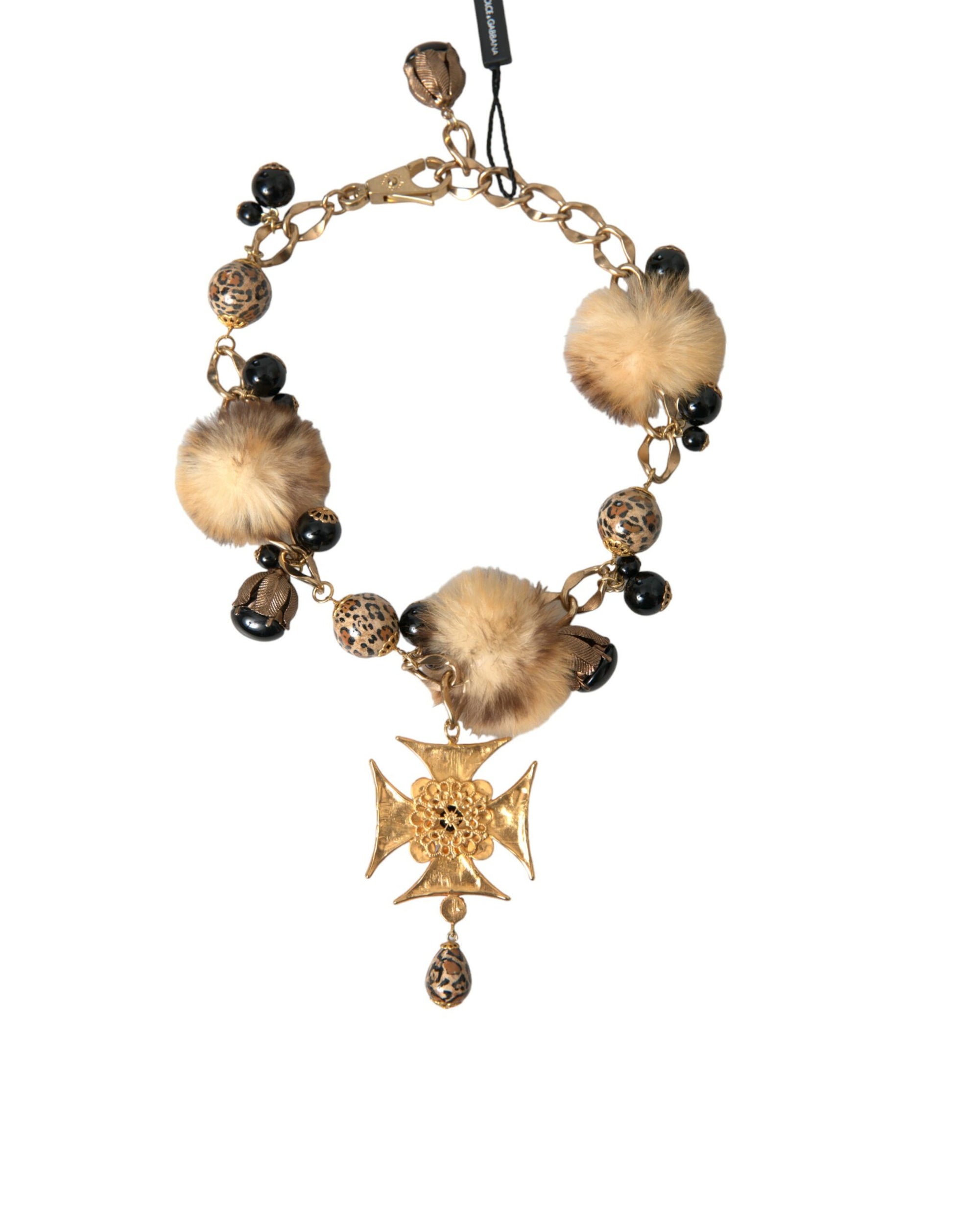 Collier ras du cou Dolce &amp; Gabbana en filigrane de fourrure de lapin avec cristaux noirs et dorés