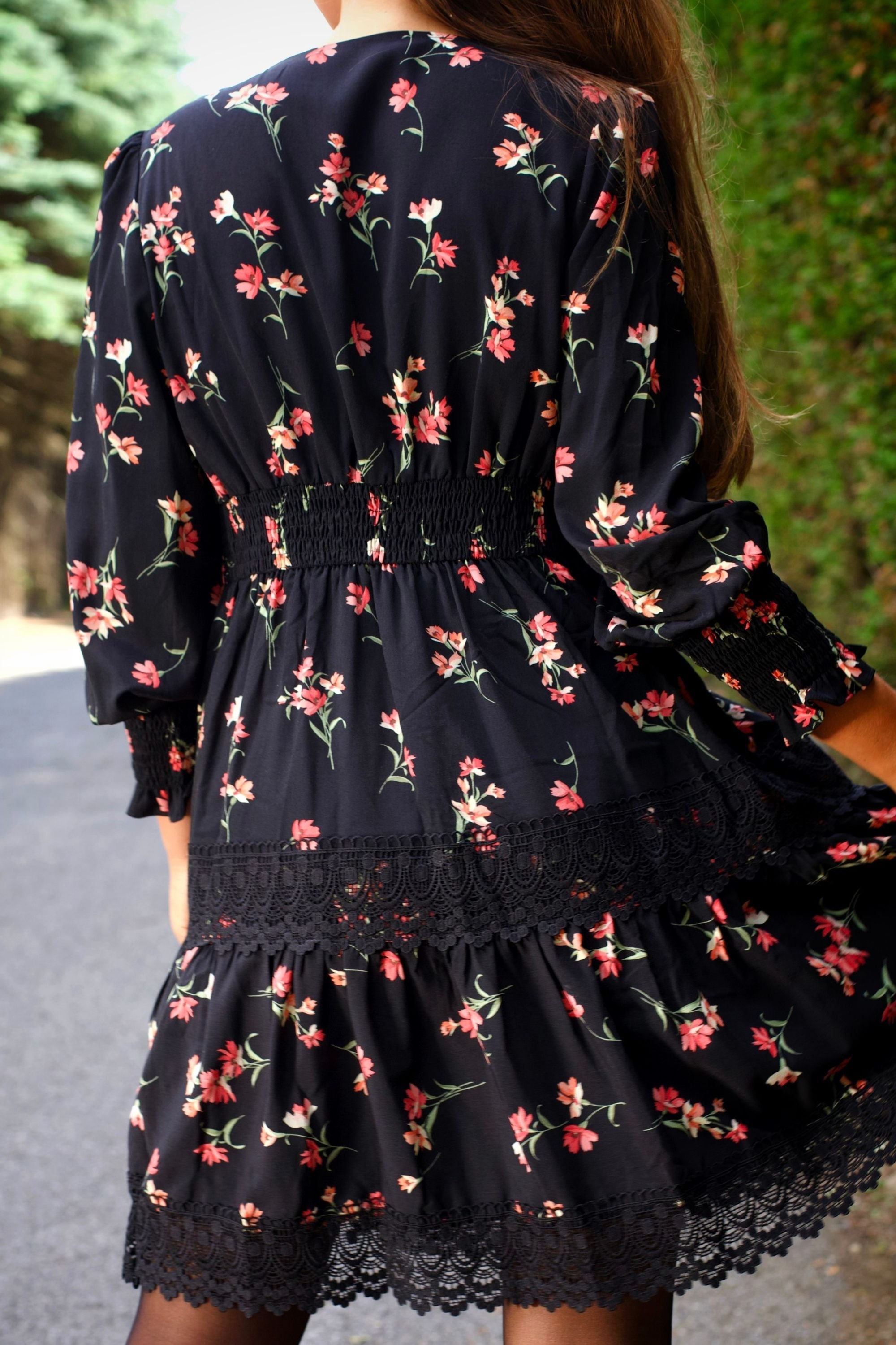Agnes Tiered Black Mini Dress Pink Floral Print Lace Trim
