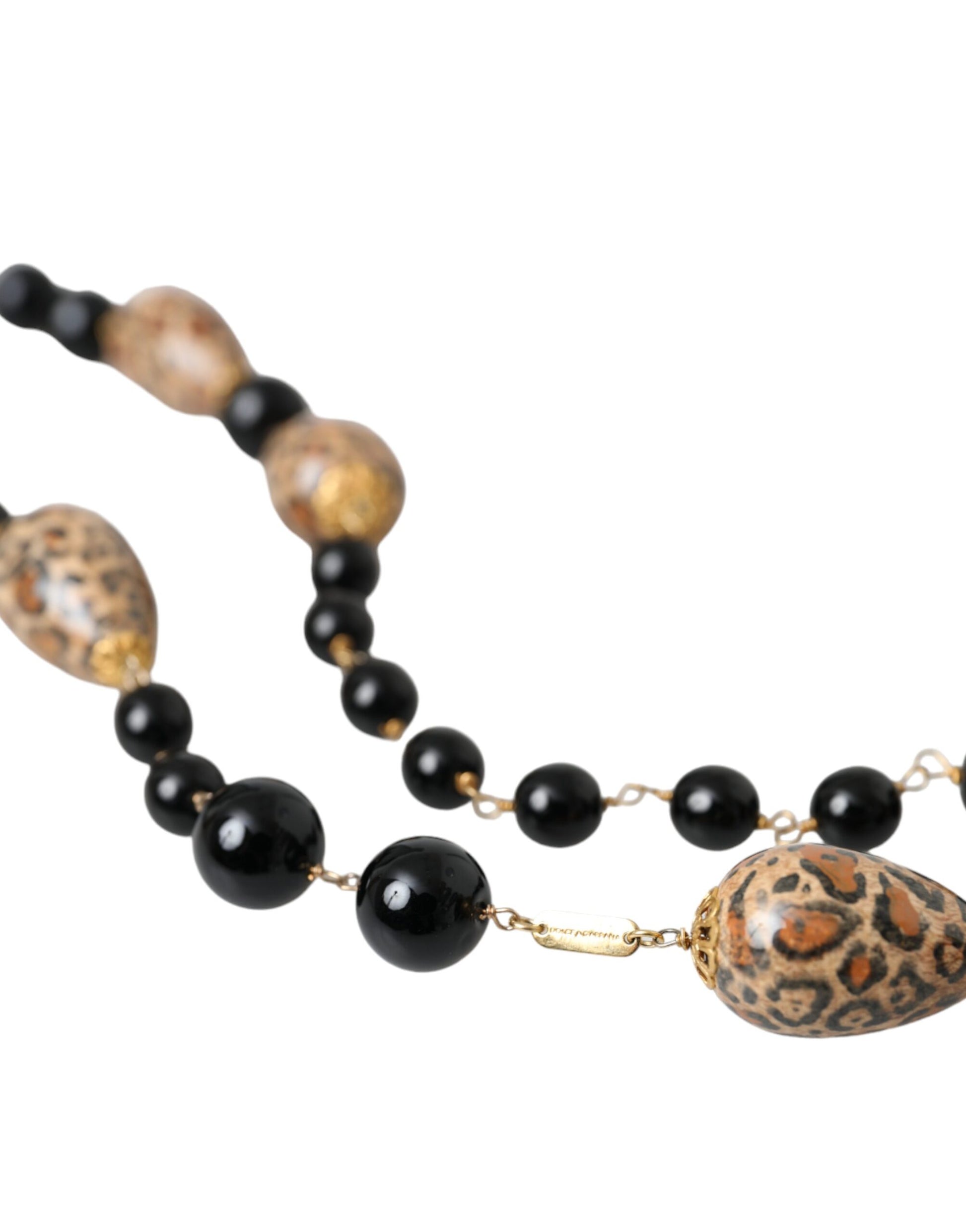 Collier à longue chaîne Dolce &amp; Gabbana en laiton doré et perles noires imprimées