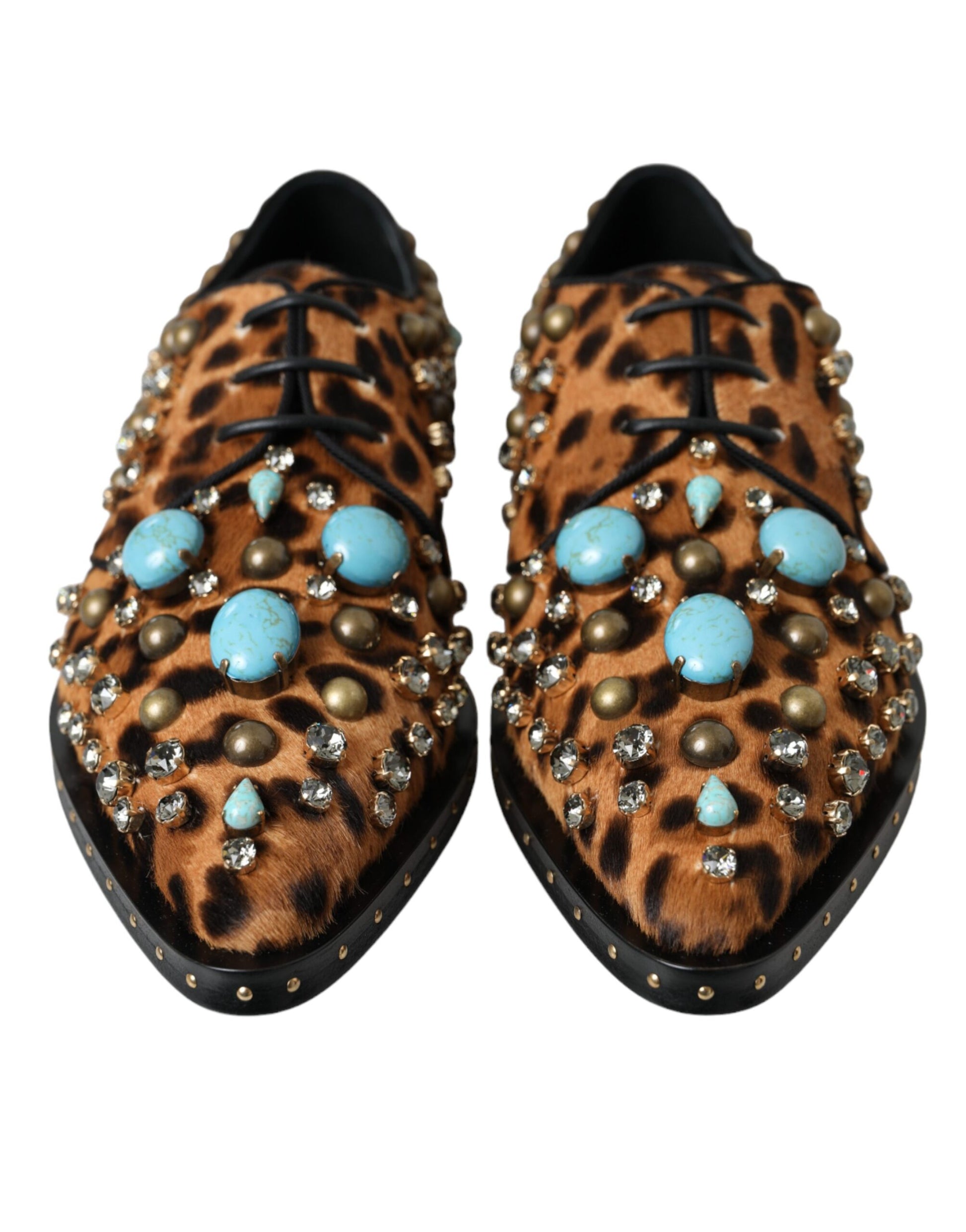 Chaussures brogues en cristal et cheveux léopard marron Dolce &amp; Gabbana