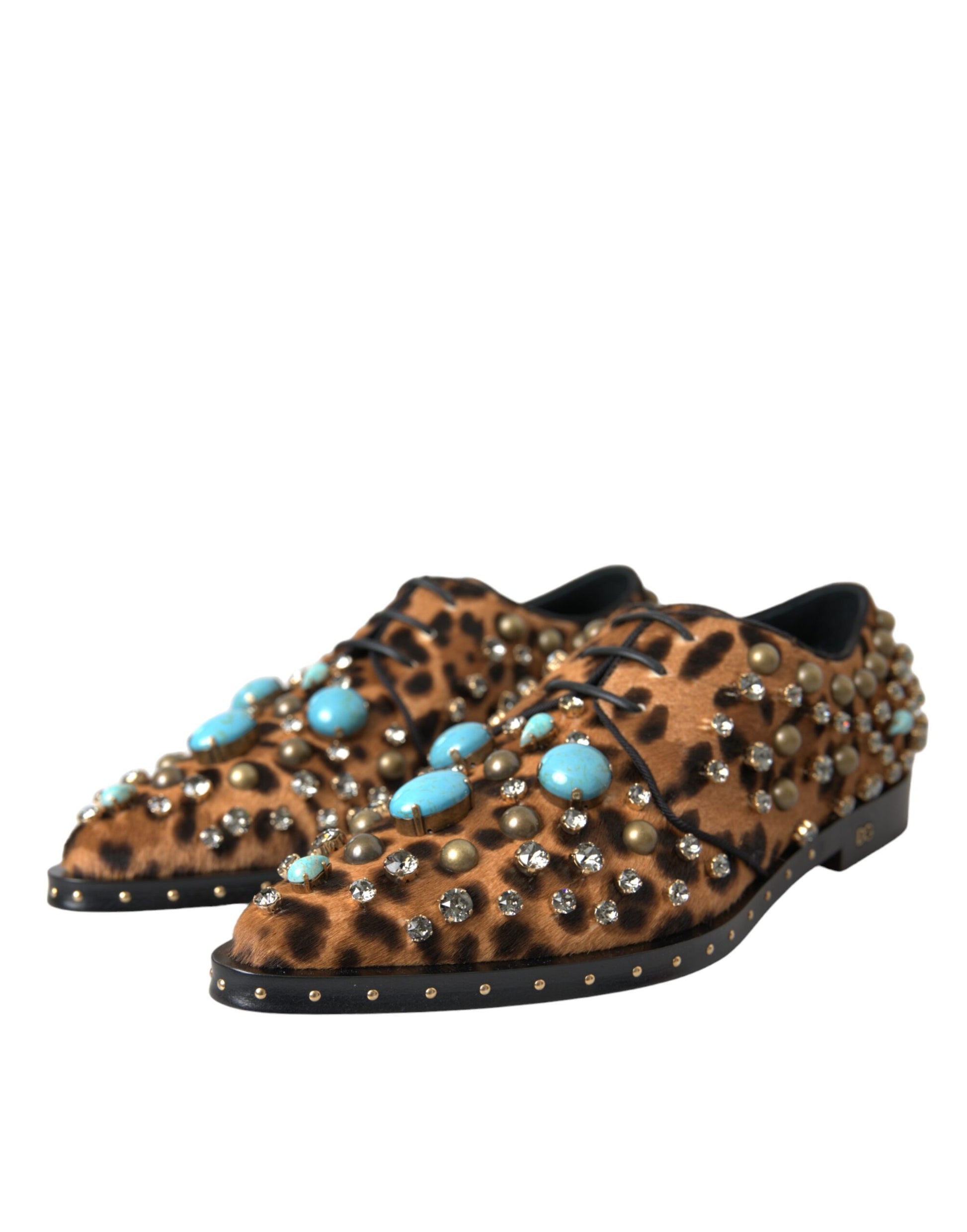 Chaussures brogues en cristal et cheveux léopard marron Dolce &amp; Gabbana