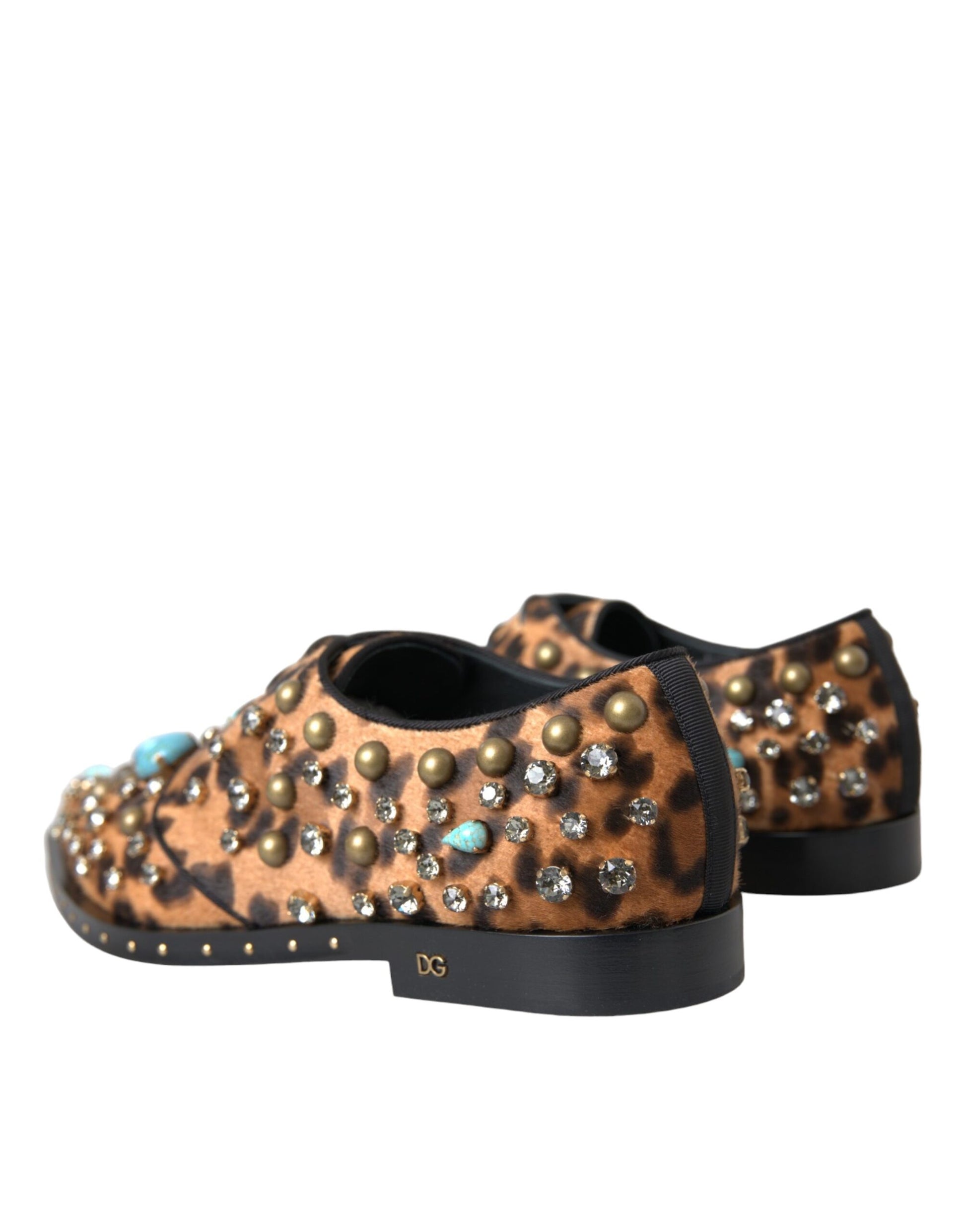 Chaussures brogues en cristal et cheveux léopard marron Dolce &amp; Gabbana