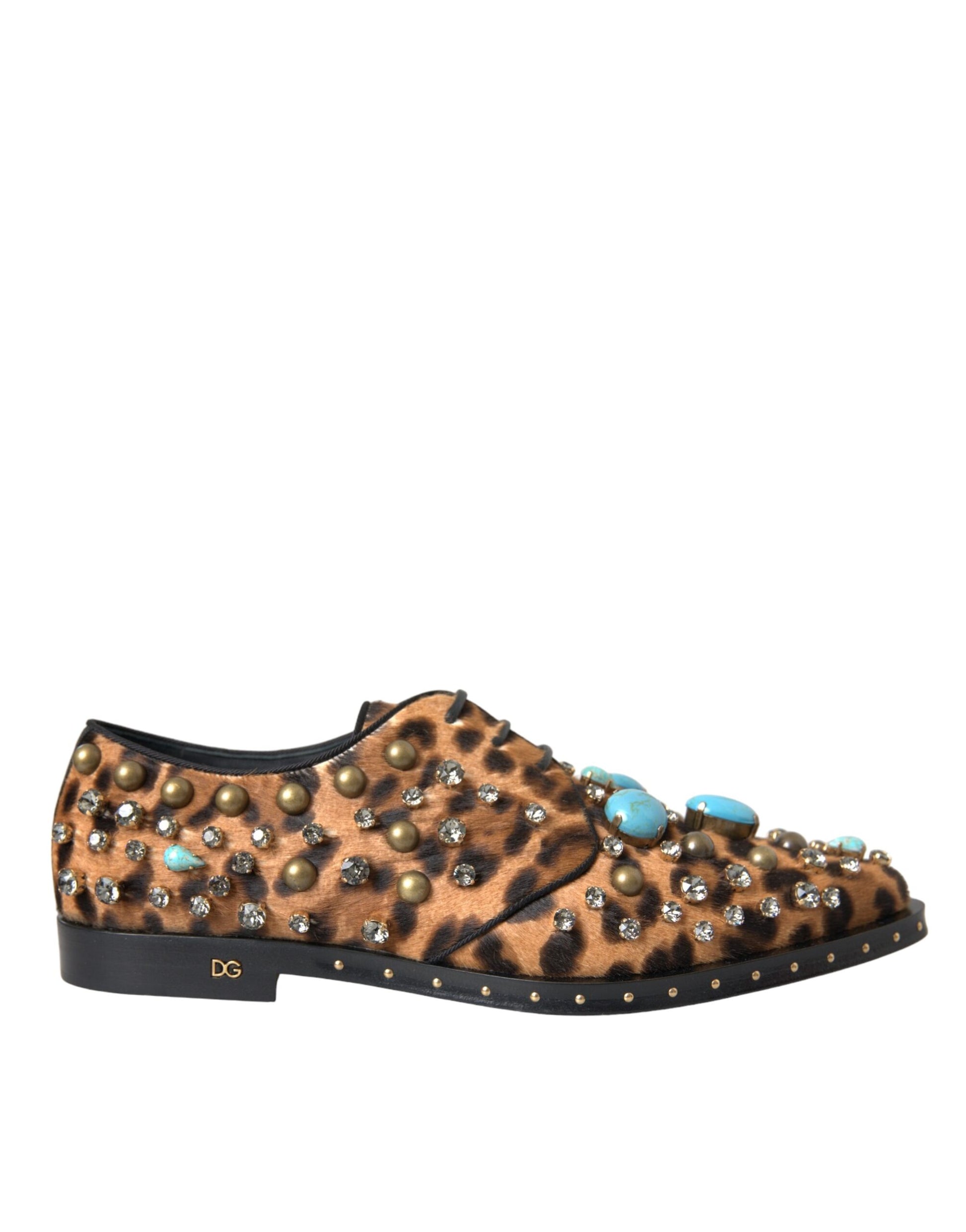 Chaussures brogues en cristal et cheveux léopard marron Dolce &amp; Gabbana