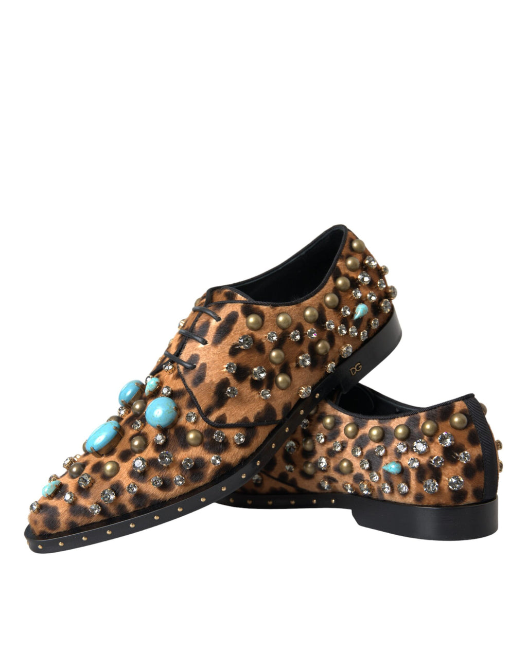 Chaussures brogues en cristal et cheveux léopard marron Dolce &amp; Gabbana