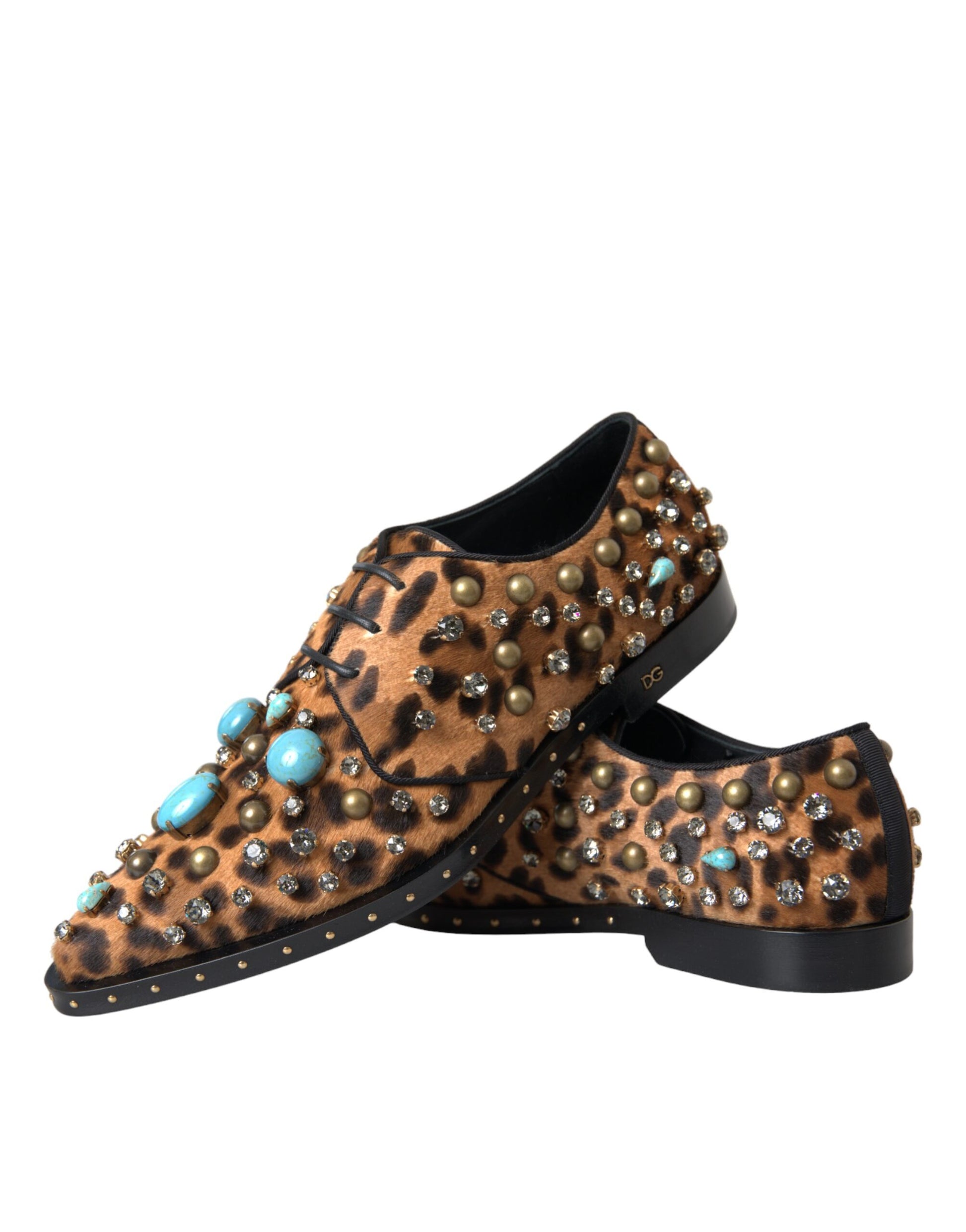 Chaussures brogues en cristal et cheveux léopard marron Dolce &amp; Gabbana