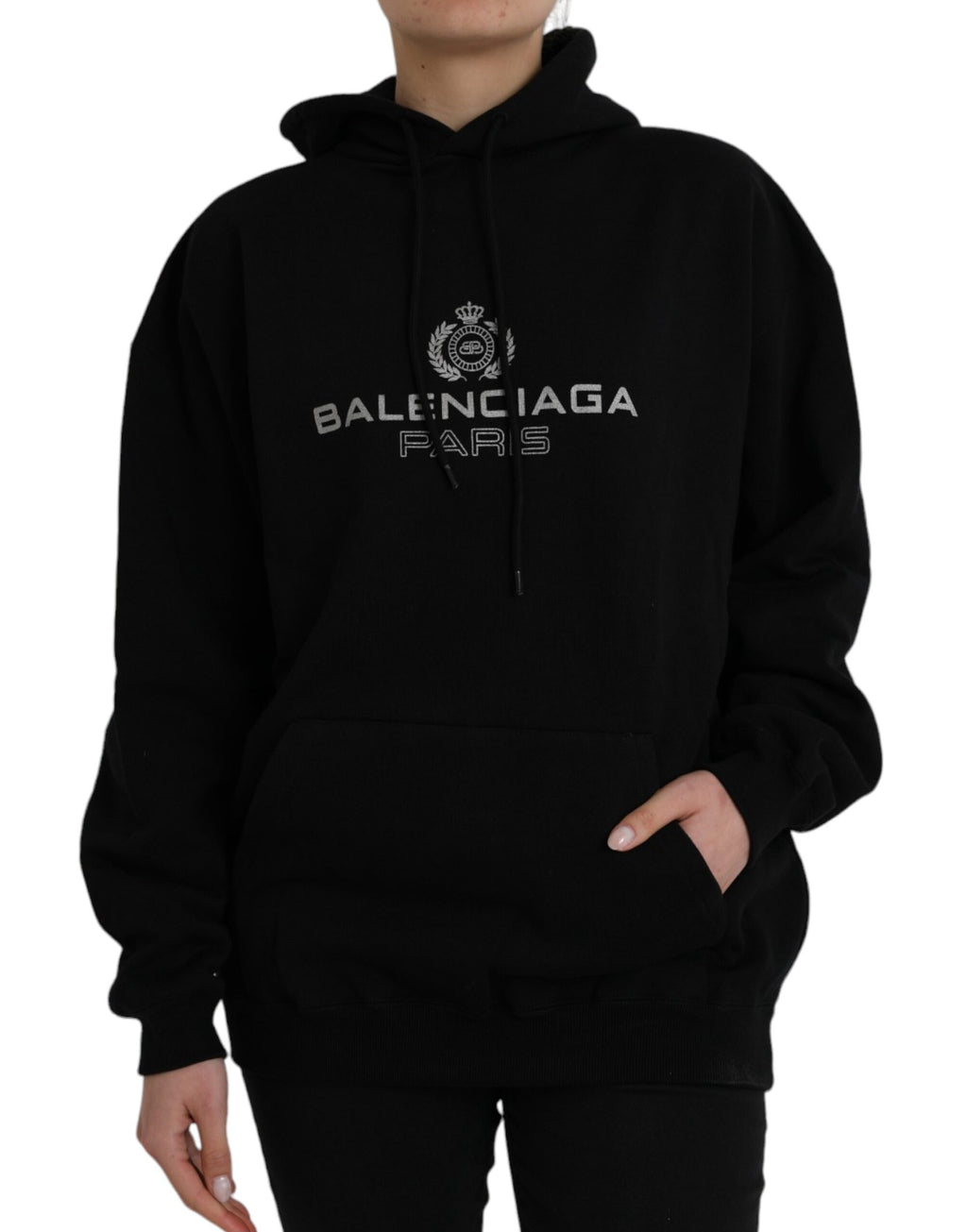 Pull-over à capuche en coton noir avec logo Balenciaga