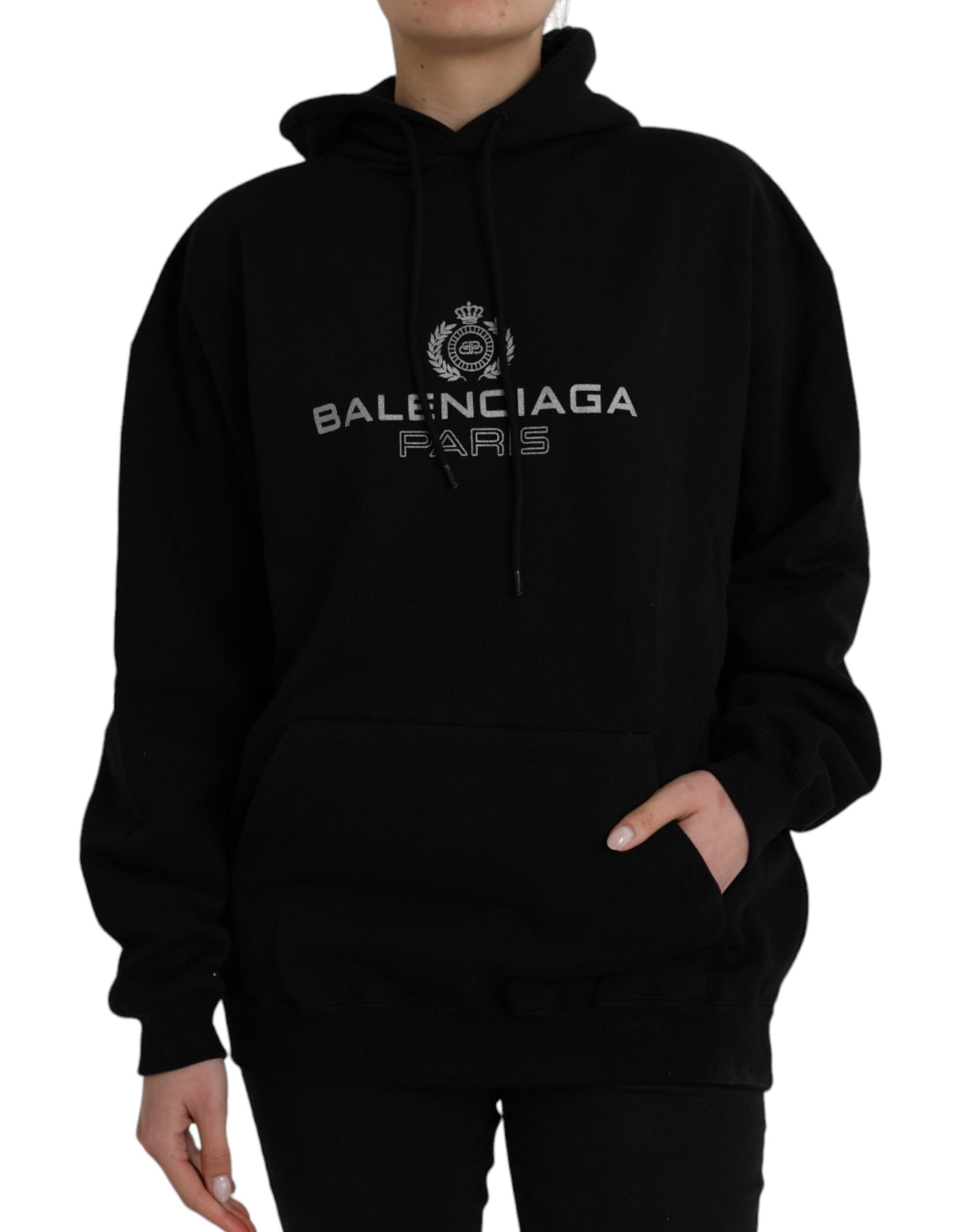 Pull-over à capuche en coton noir avec logo Balenciaga