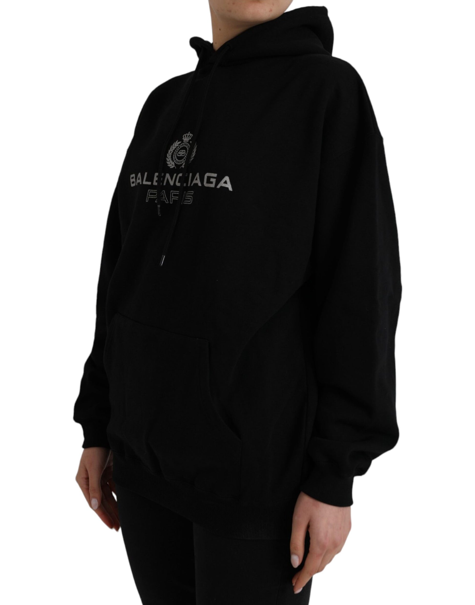 Pull-over à capuche en coton noir avec logo Balenciaga