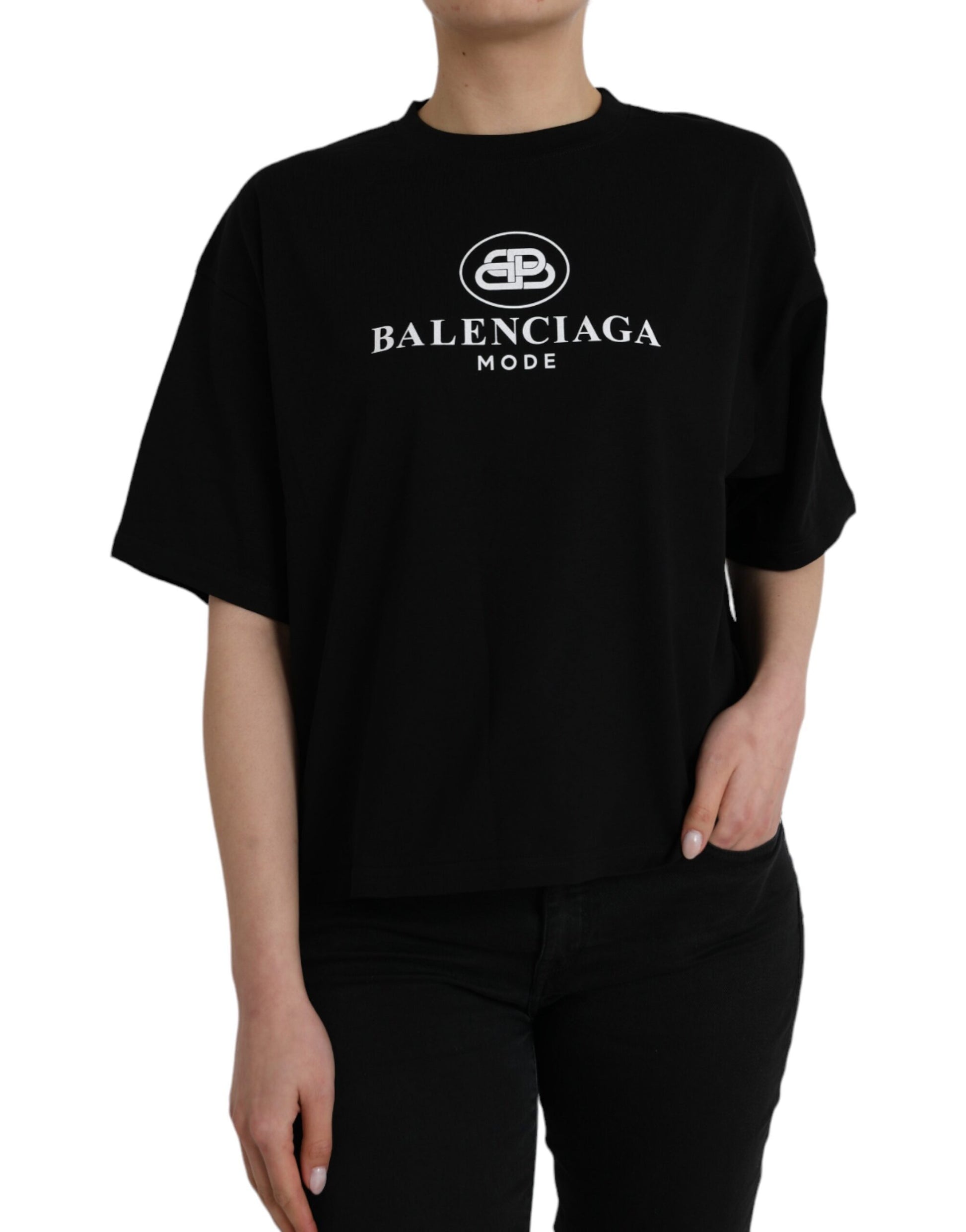 T-shirt col rond manches courtes en coton noir avec logo Balenciaga