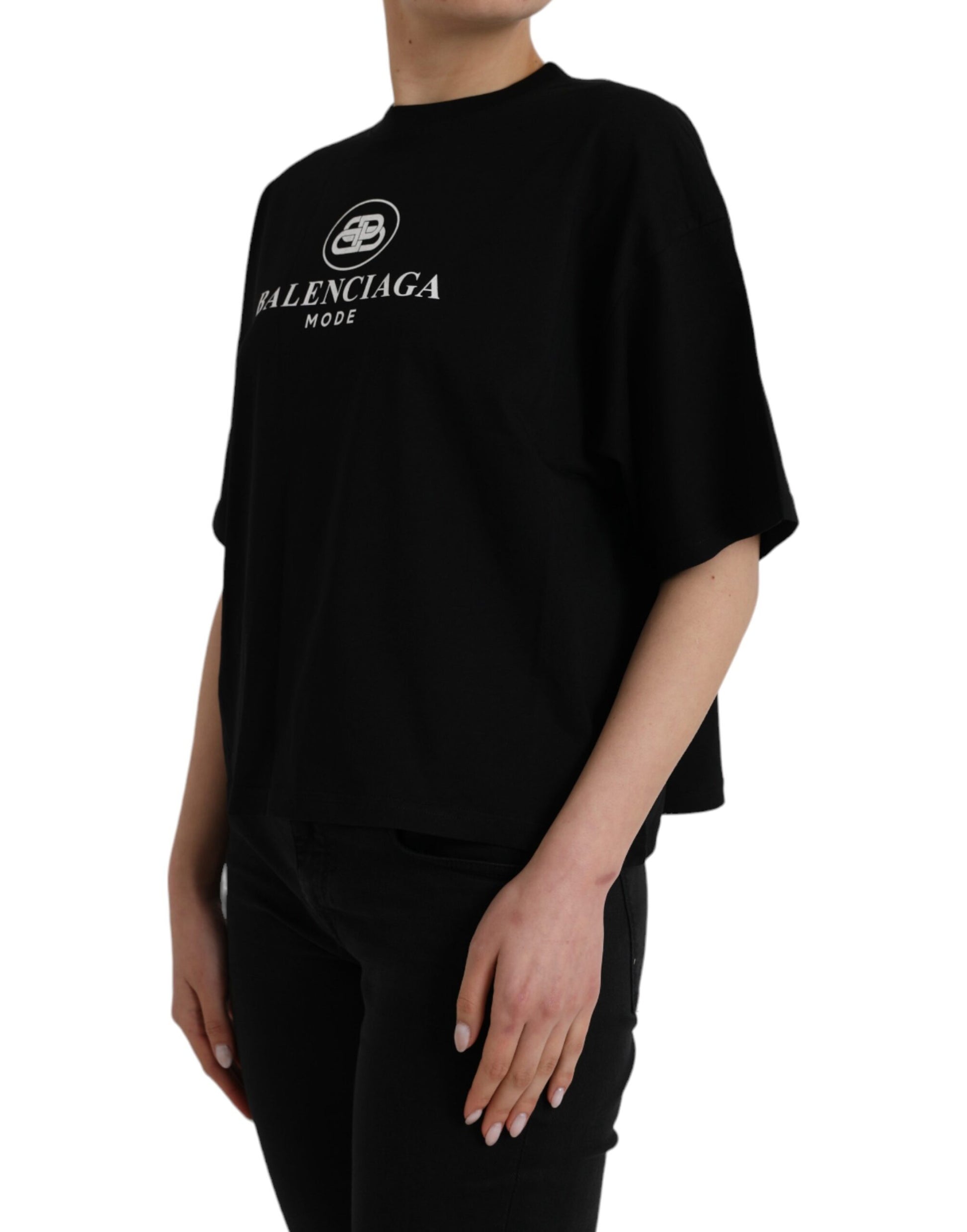 T-shirt col rond manches courtes en coton noir avec logo Balenciaga