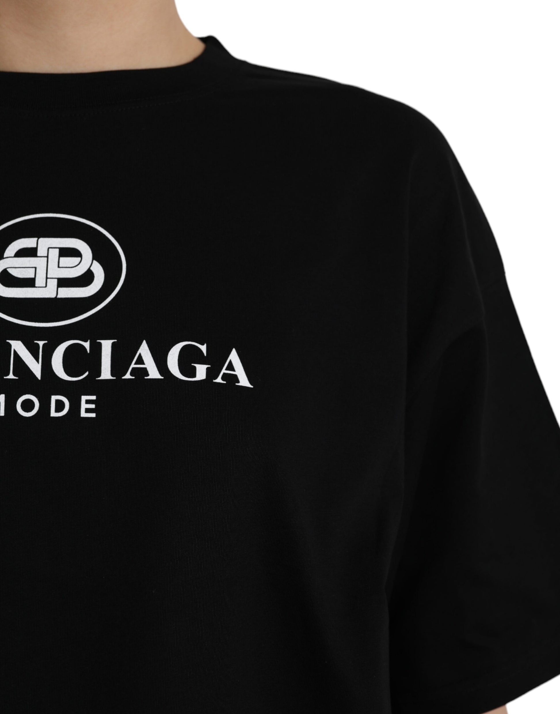 T-shirt col rond manches courtes en coton noir avec logo Balenciaga